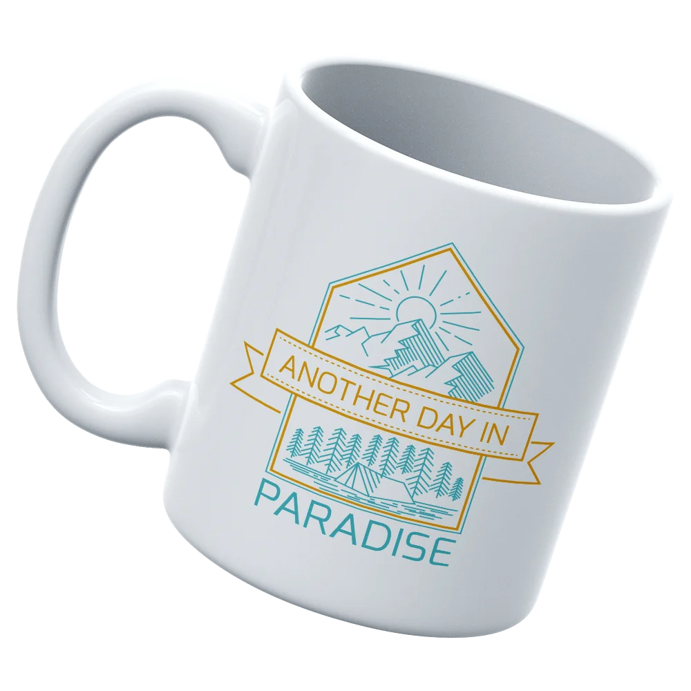 Another Day In Paradise 11oz Mug with vibrant UV printed design, showcasing its sturdy ceramic build and ergonomic handle.