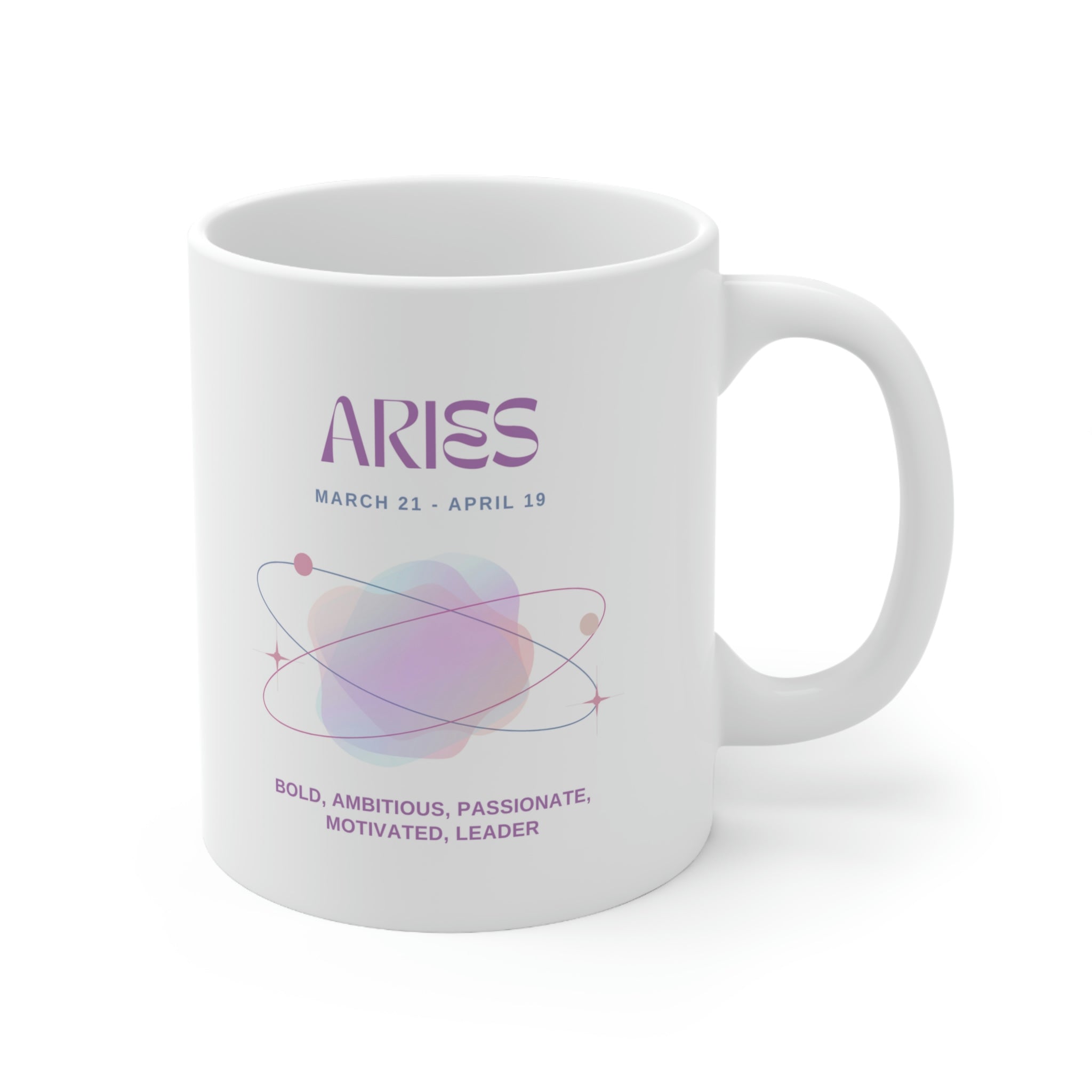 A white ceramic mug featuring Aries astrology traits, perfect for coffee, tea, and hot chocolate.