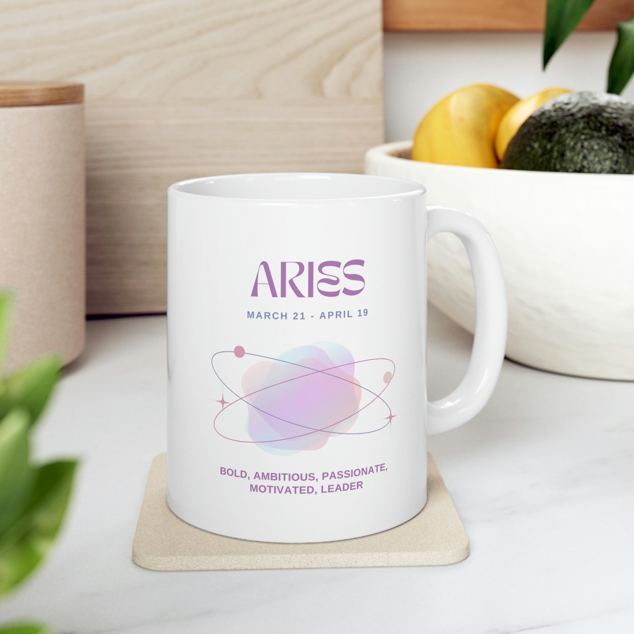 A white ceramic mug featuring Aries astrology traits, perfect for coffee, tea, and hot chocolate.