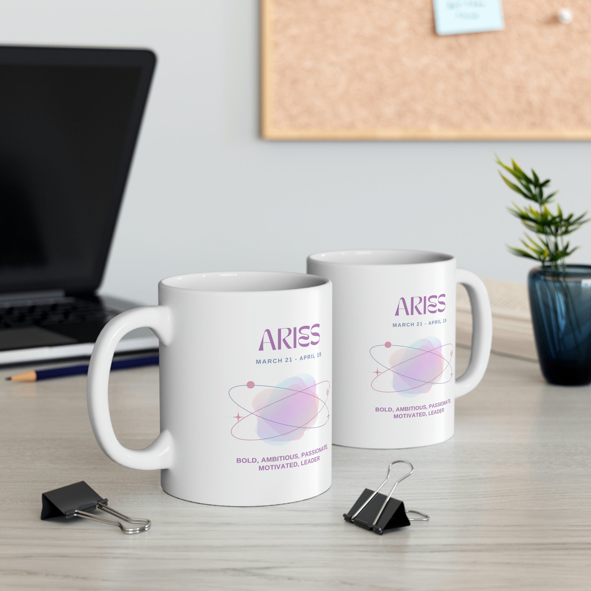 A white ceramic mug featuring Aries astrology traits, perfect for coffee, tea, and hot chocolate.