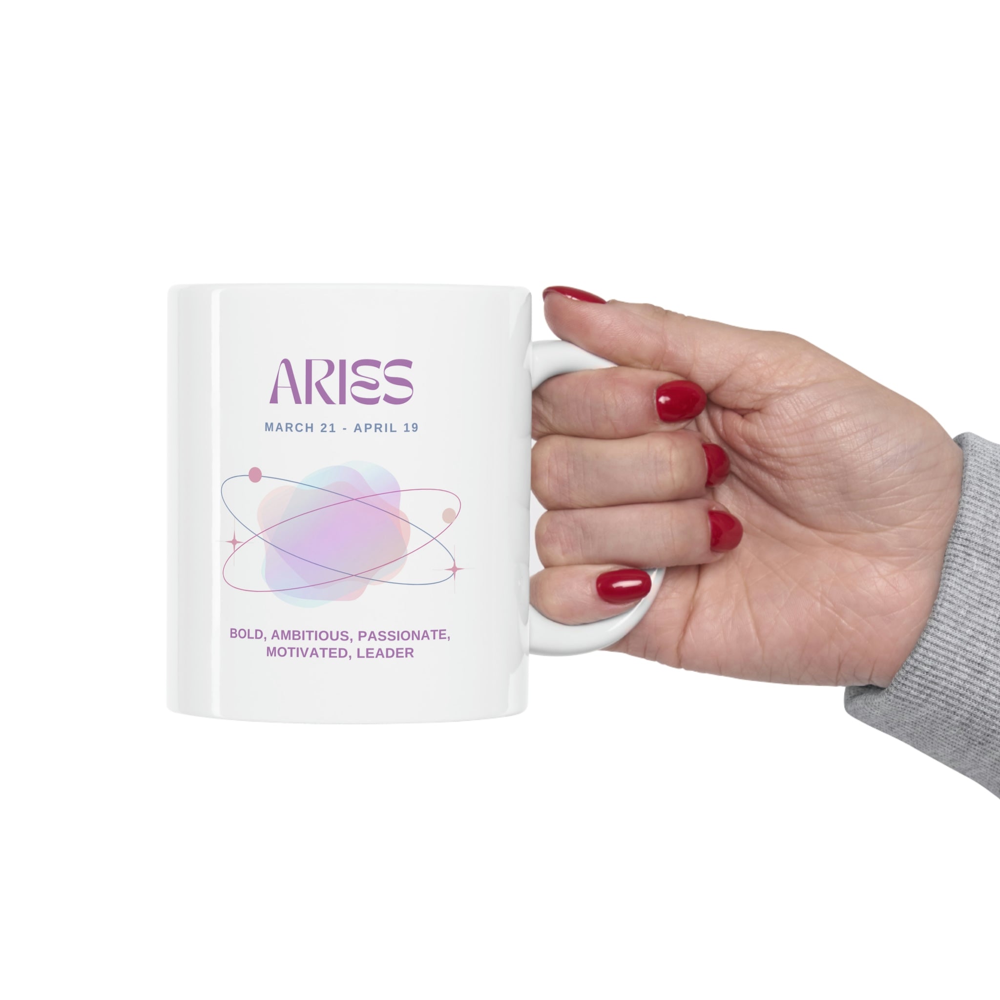 A white ceramic mug featuring Aries astrology traits, perfect for coffee, tea, and hot chocolate.