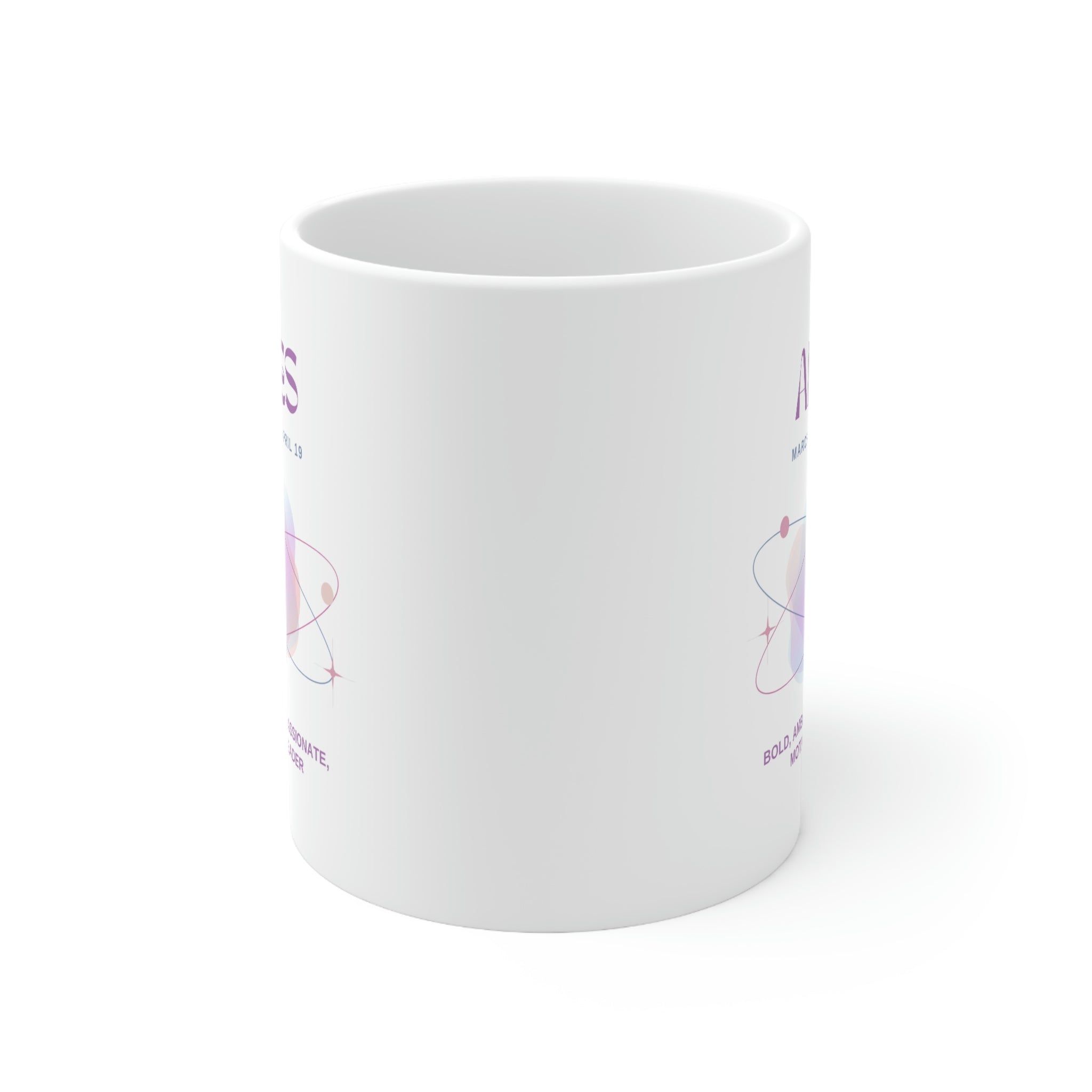 A white ceramic mug featuring Aries astrology traits, perfect for coffee, tea, and hot chocolate.