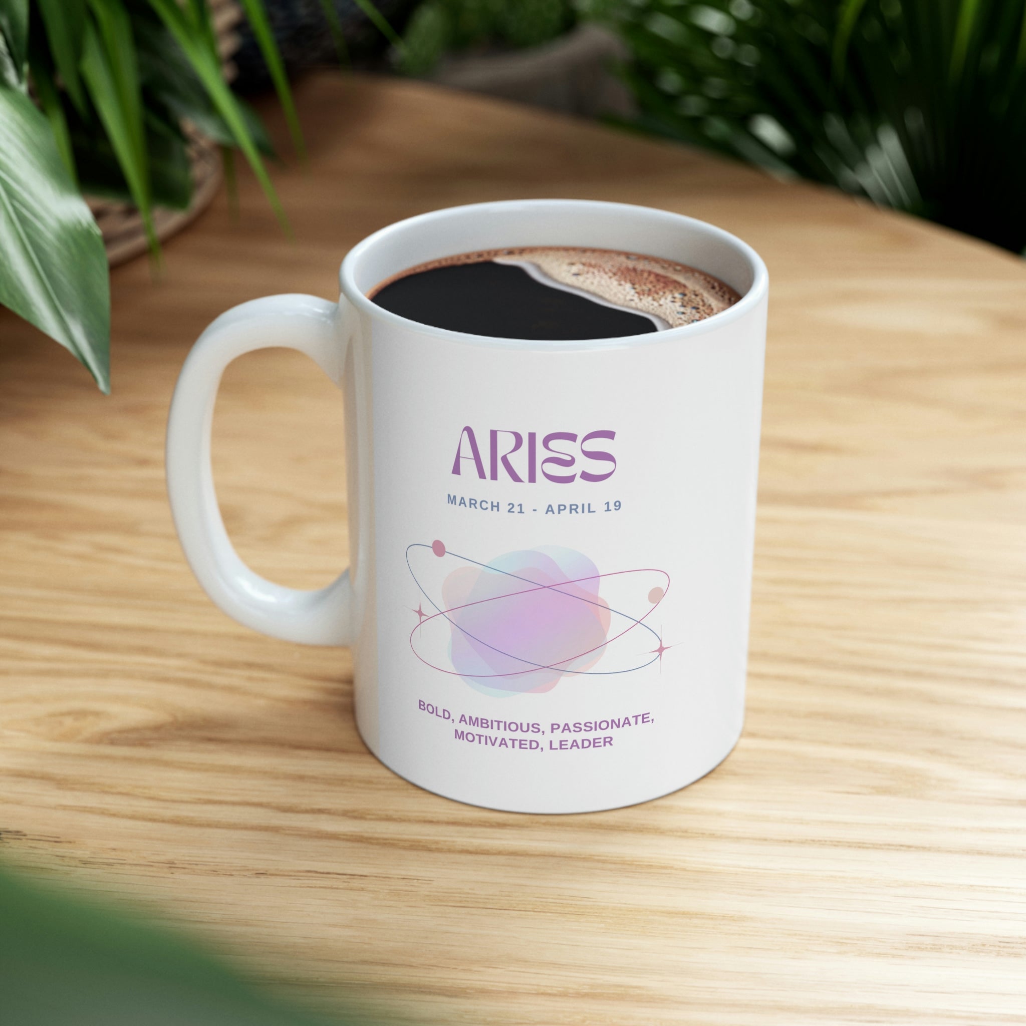 A white ceramic mug featuring Aries astrology traits, perfect for coffee, tea, and hot chocolate.