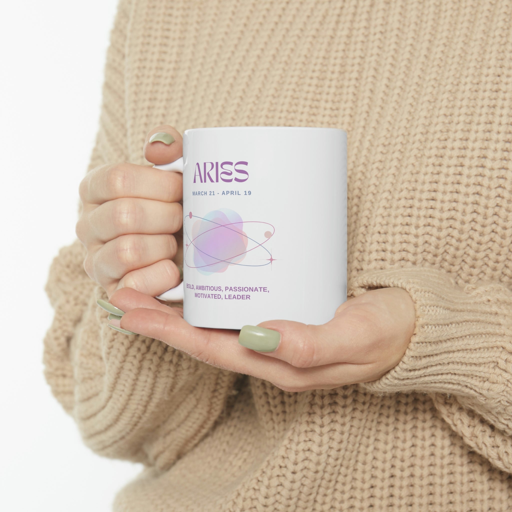 A white ceramic mug featuring Aries astrology traits, perfect for coffee, tea, and hot chocolate.