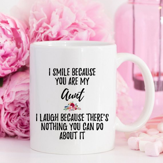 A beautiful white ceramic mug designed for aunts, featuring a vibrant printed design on both sides, available in 11 and 15 oz sizes.