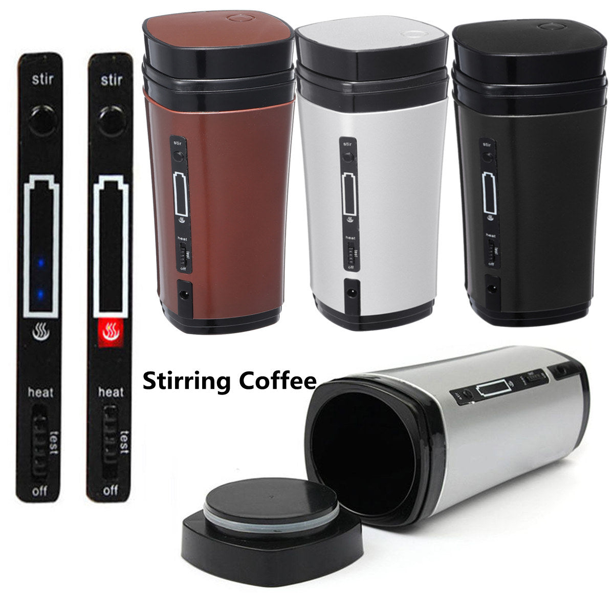 Auto Mixing Tea Coffee Cup Mug Warmer with lid, featuring USB charging and automatic stirring function, in sleek black design.