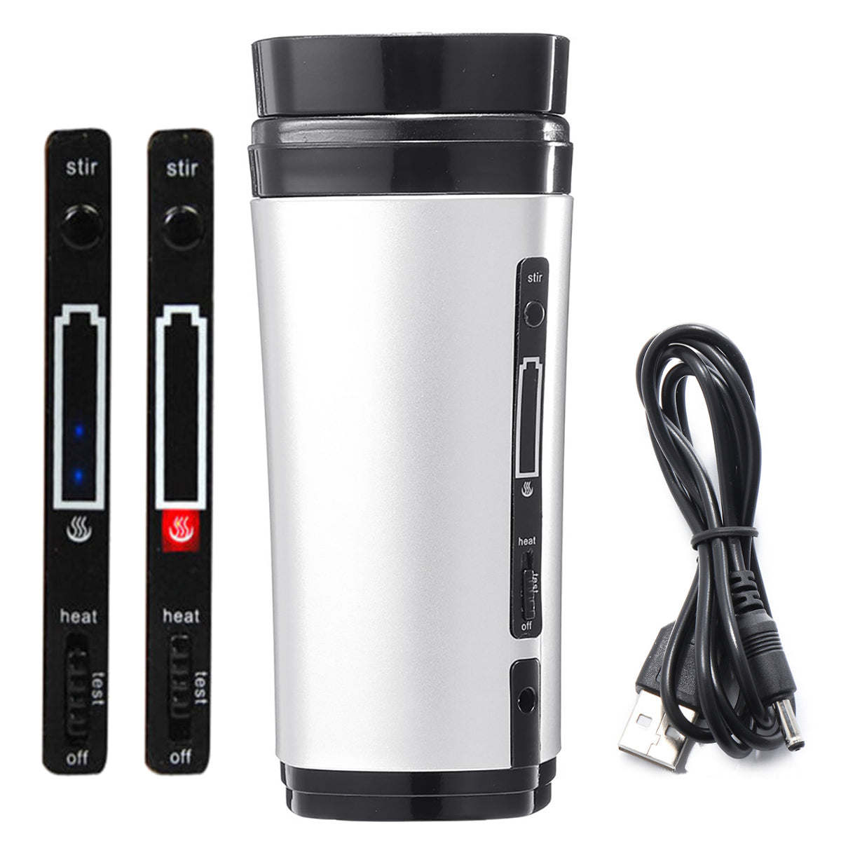 Auto Mixing Tea Coffee Cup Mug Warmer with lid, featuring USB charging and automatic stirring function, in sleek black design.