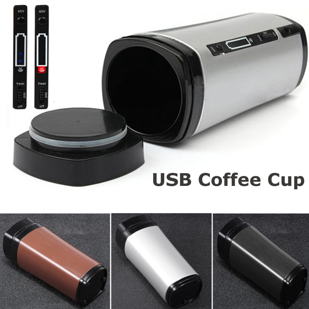 Auto Mixing Tea Coffee Cup Mug Warmer with lid, featuring USB charging and automatic stirring function, in sleek black design.