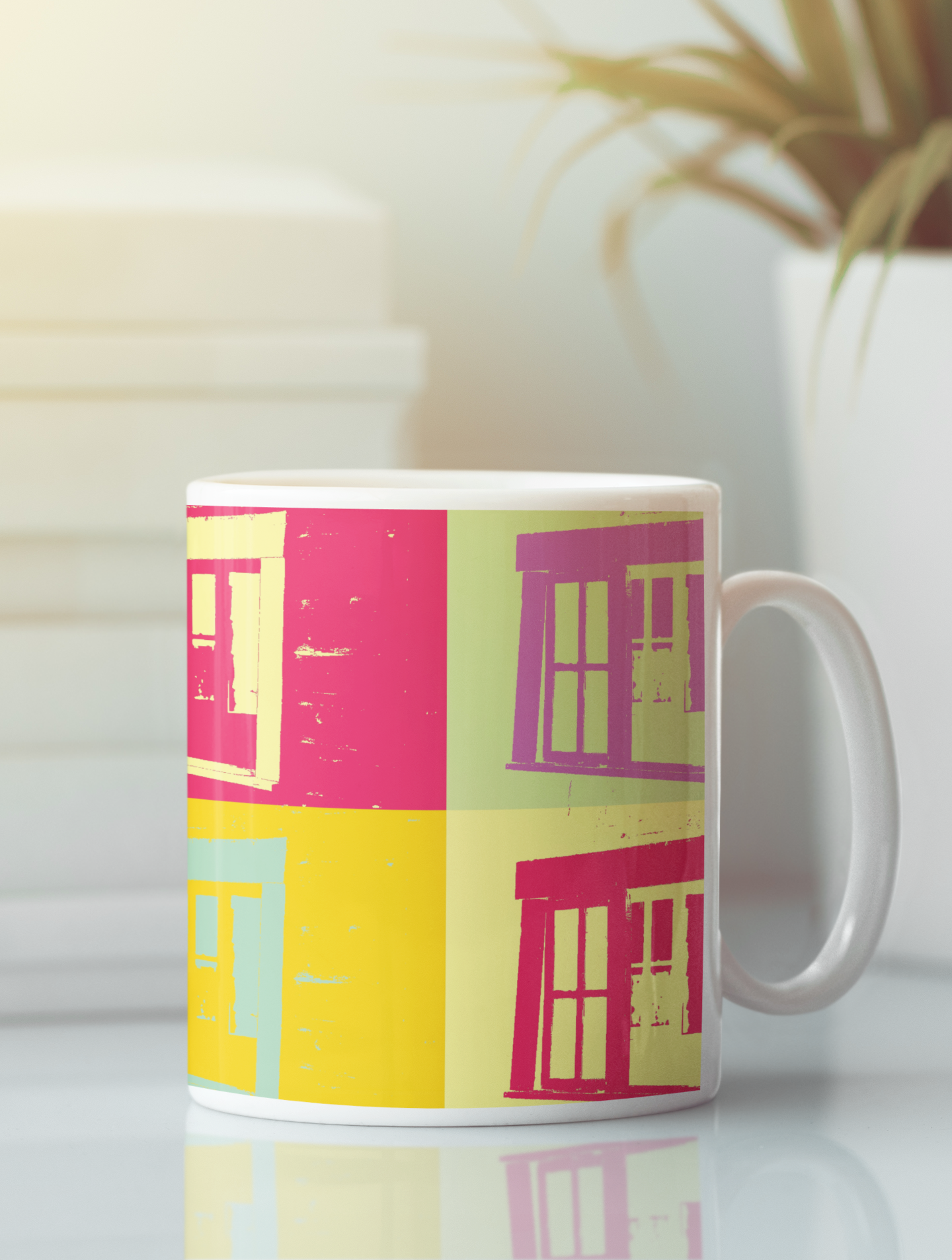 Barn Window Abstract 4-Panel Pop Art Coffee Mug featuring vibrant pop art design on both sides, available in white and black colors.