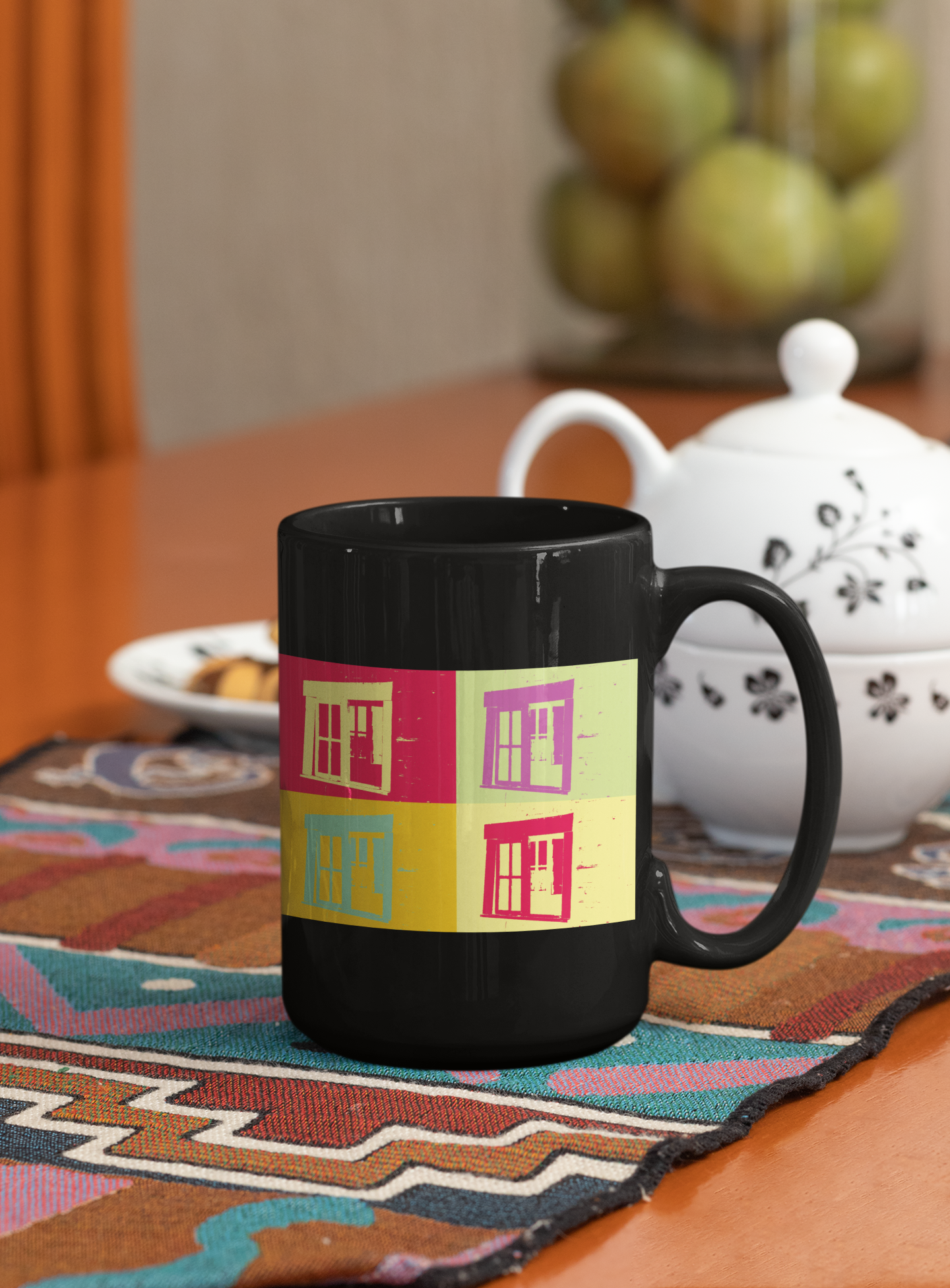 Barn Window Abstract 4-Panel Pop Art Coffee Mug featuring vibrant pop art design on both sides, available in white and black colors.