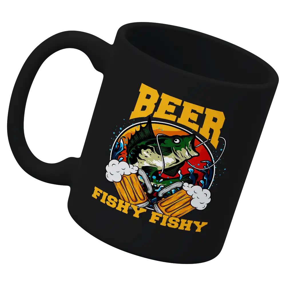 Beer Fishy Fishy 2 11oz Mug with vibrant UV printed design, showcasing its sturdy ceramic build and glazed finish.