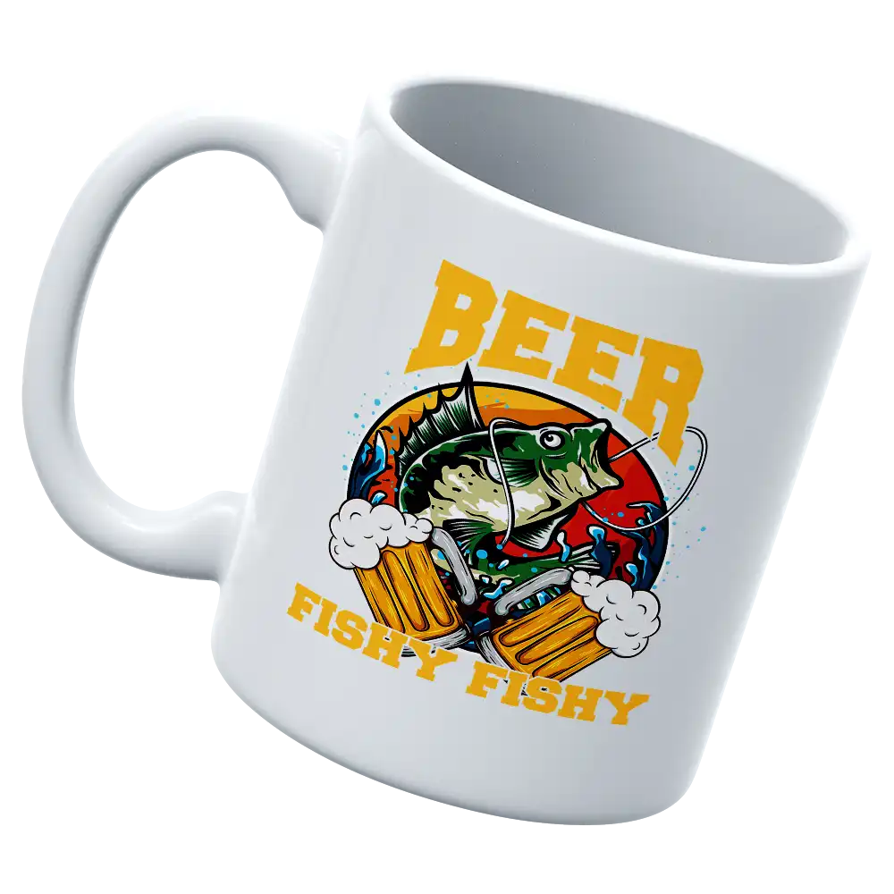 Beer Fishy Fishy 2 11oz Mug with vibrant UV printed design, showcasing its sturdy ceramic build and glazed finish.