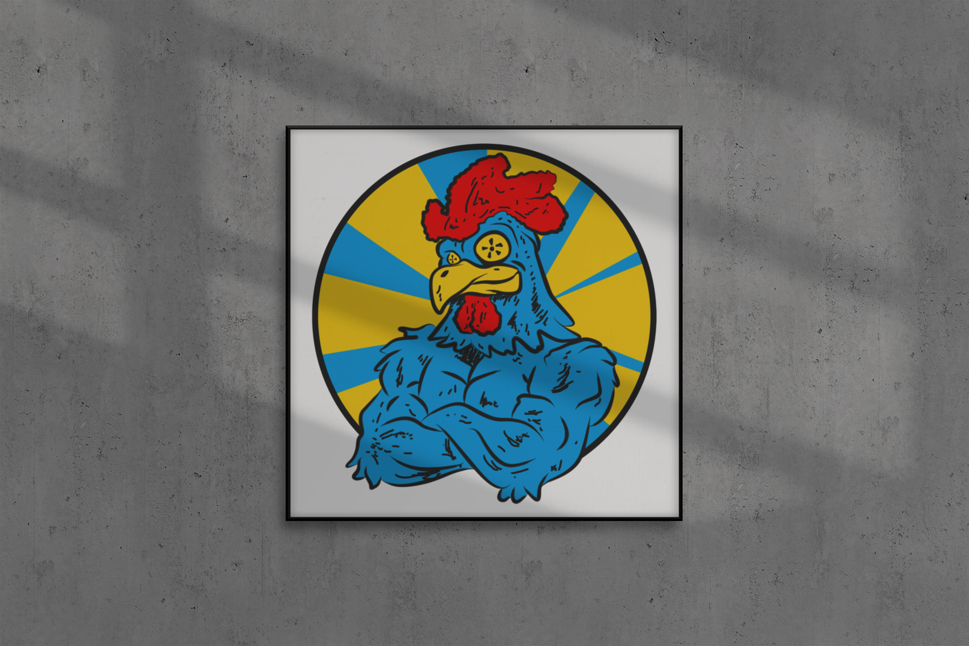 Colorful Big Cock Rooster Modern Pop Art Canvas Print featuring a rooster and man hybrid in a playful cartoon style.