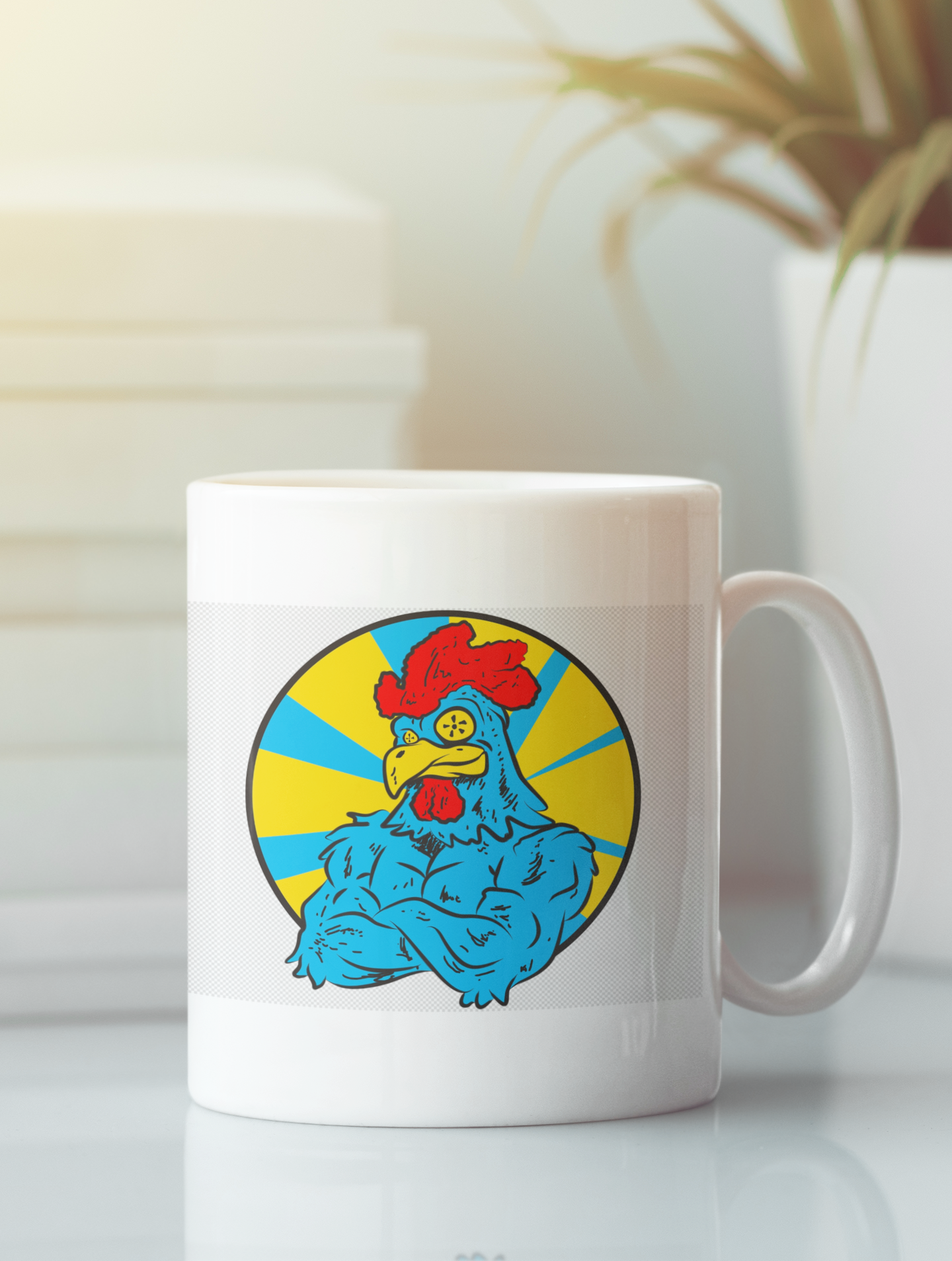 Big Cock Rooster Modern Pop Art Coffee Mug featuring vibrant colors and a playful rooster design, perfect for coffee or tea.