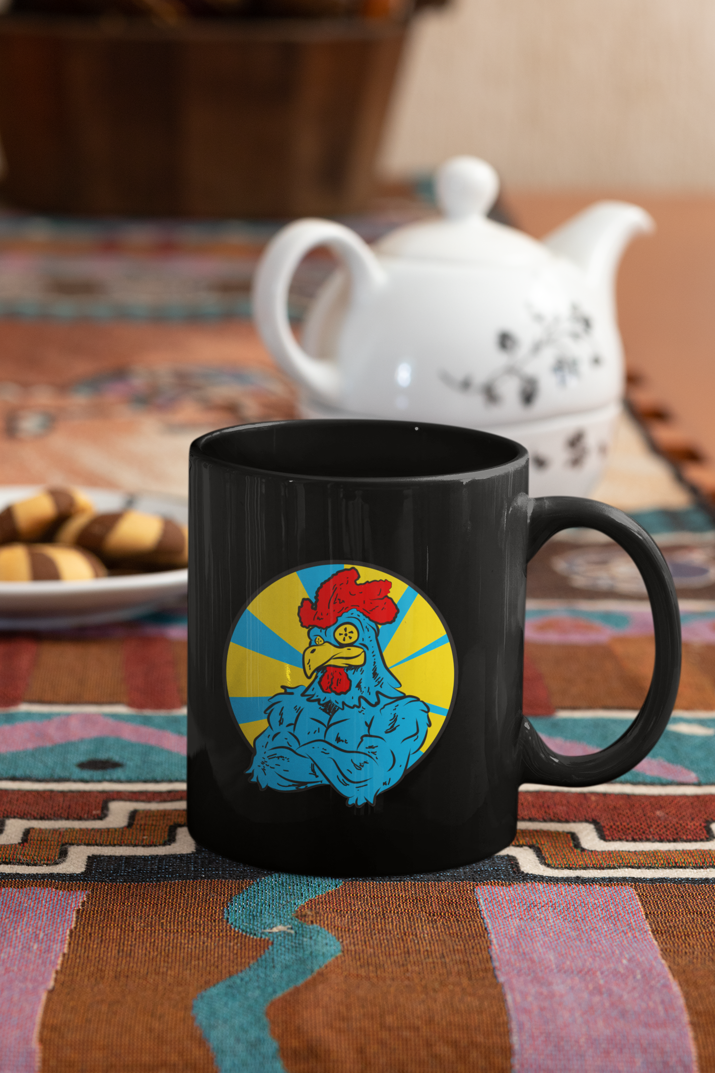 Big Cock Rooster Modern Pop Art Coffee Mug featuring vibrant colors and a playful rooster design, perfect for coffee or tea.