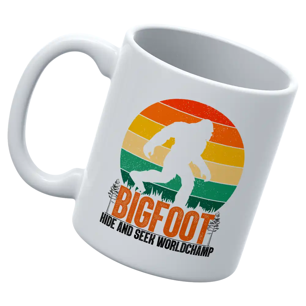 Bigfoot Hide And Seek 11oz Mug with vibrant UV printed design, showcasing a playful Bigfoot character in a whimsical forest setting.