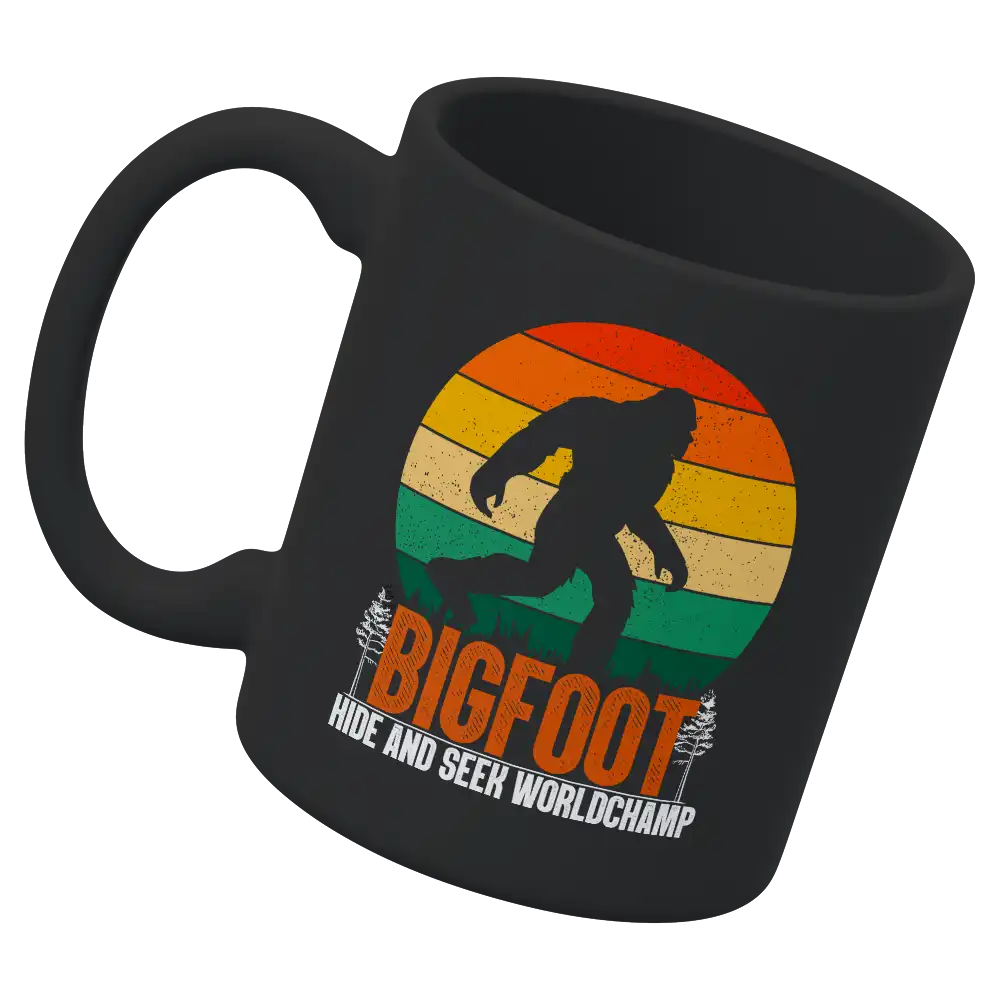 Bigfoot Hide And Seek 11oz Mug with vibrant UV printed design, showcasing a playful Bigfoot character in a whimsical forest setting.