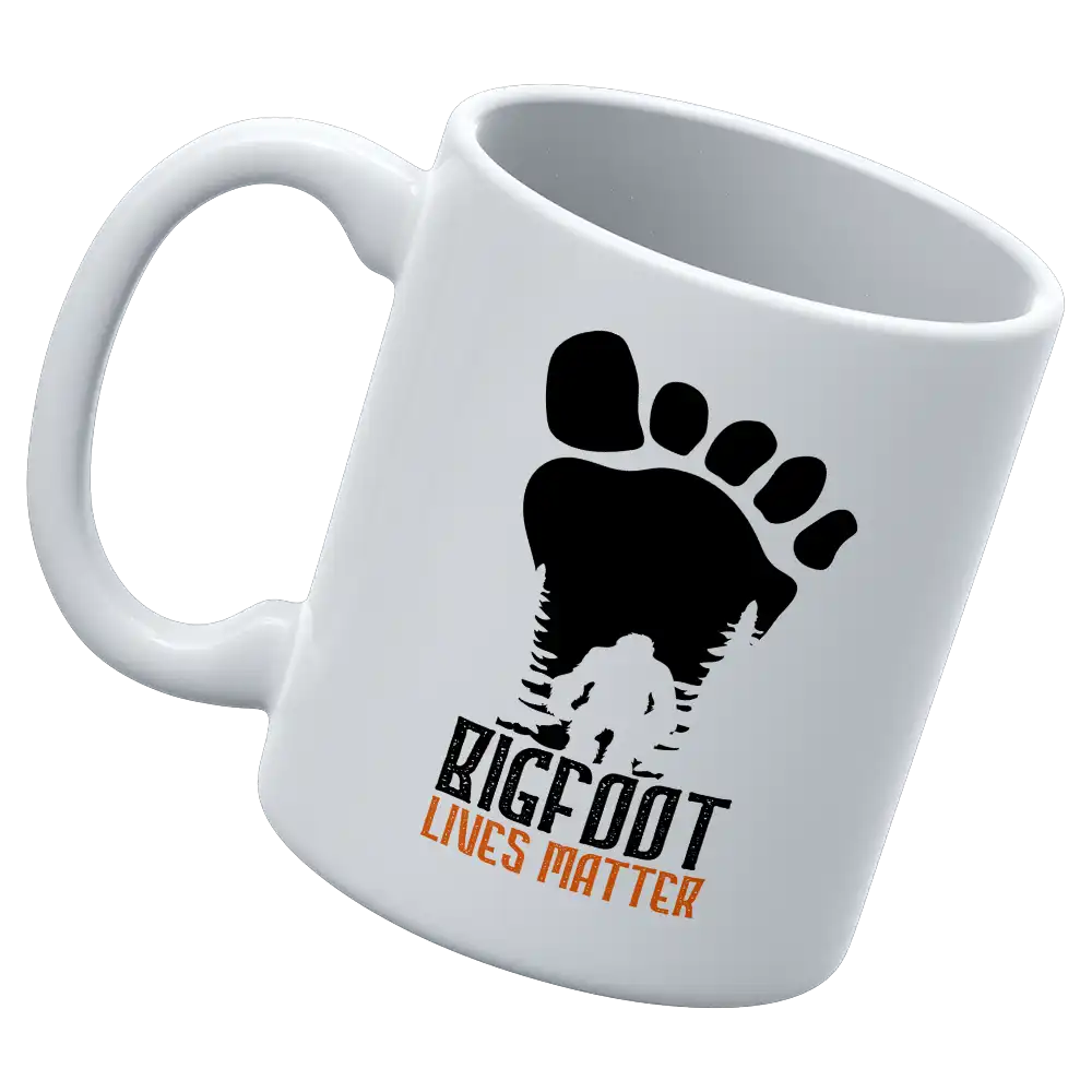 Bigfoot Lives Matter 11oz ceramic mug with UV printed design, showcasing a fun and unique statement.