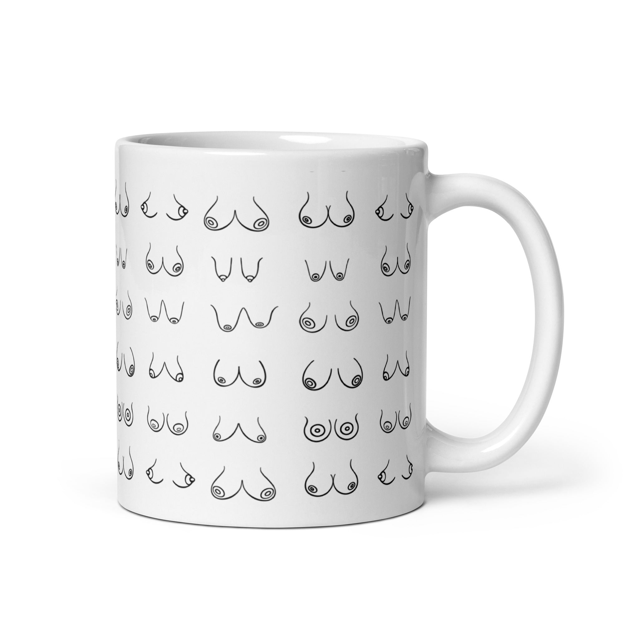 A ceramic mug with a playful design resembling breasts, perfect for coffee or tea.