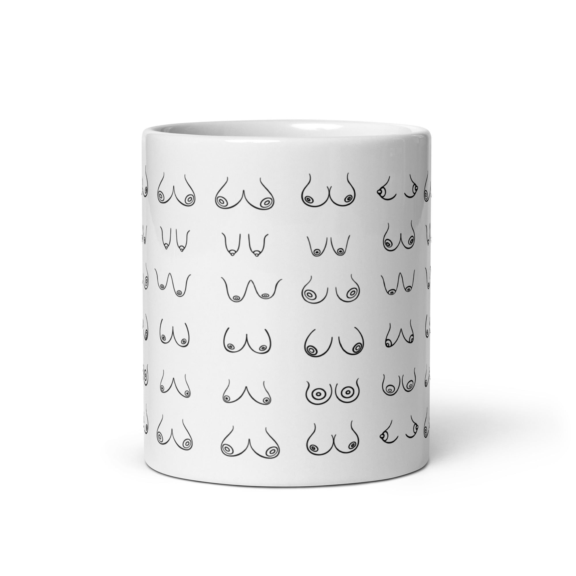 A ceramic mug with a playful design resembling breasts, perfect for coffee or tea.