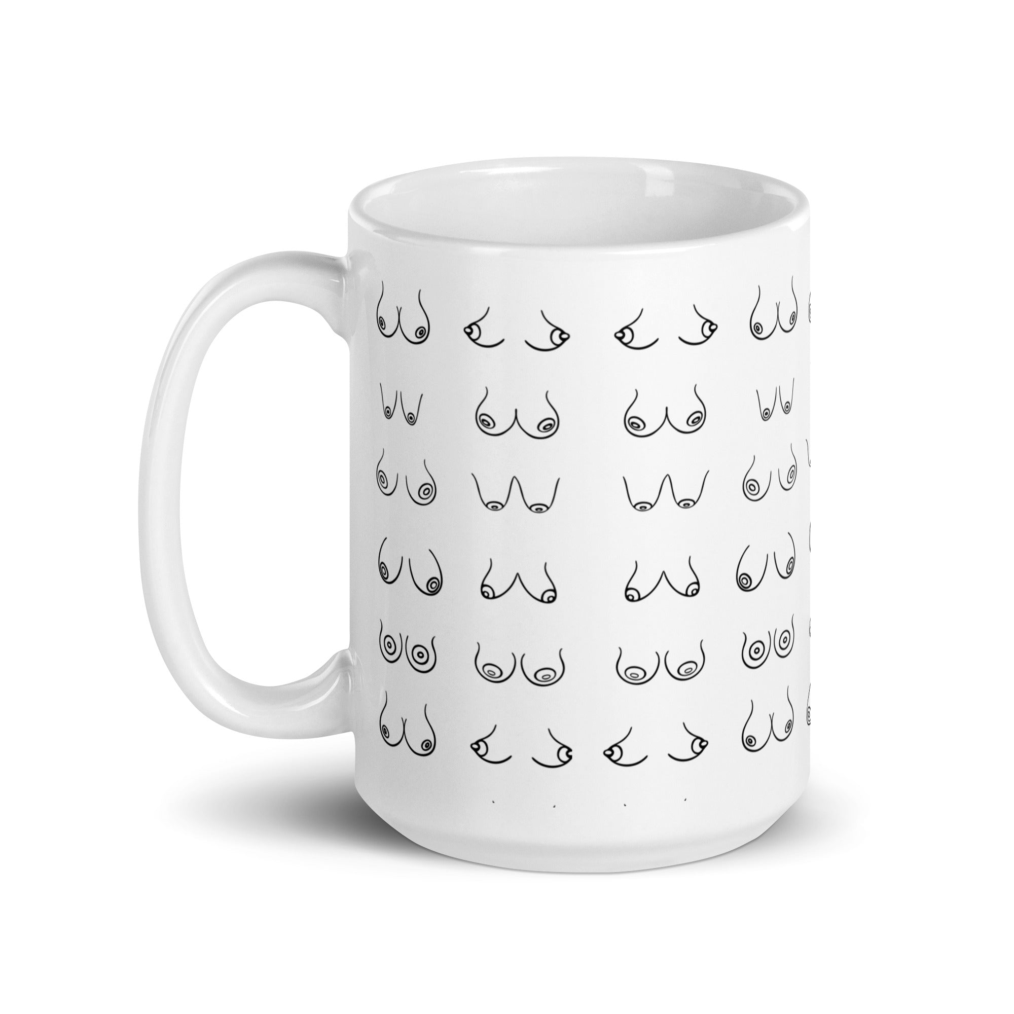 A ceramic mug with a playful design resembling breasts, perfect for coffee or tea.