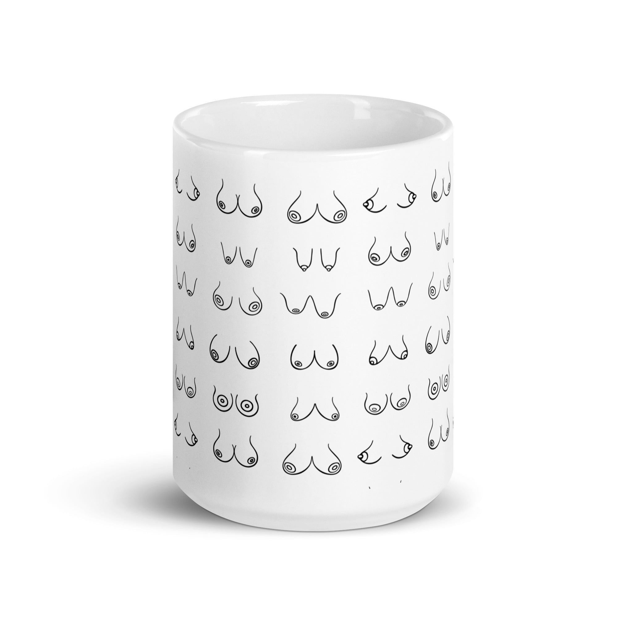 A ceramic mug with a playful design resembling breasts, perfect for coffee or tea.