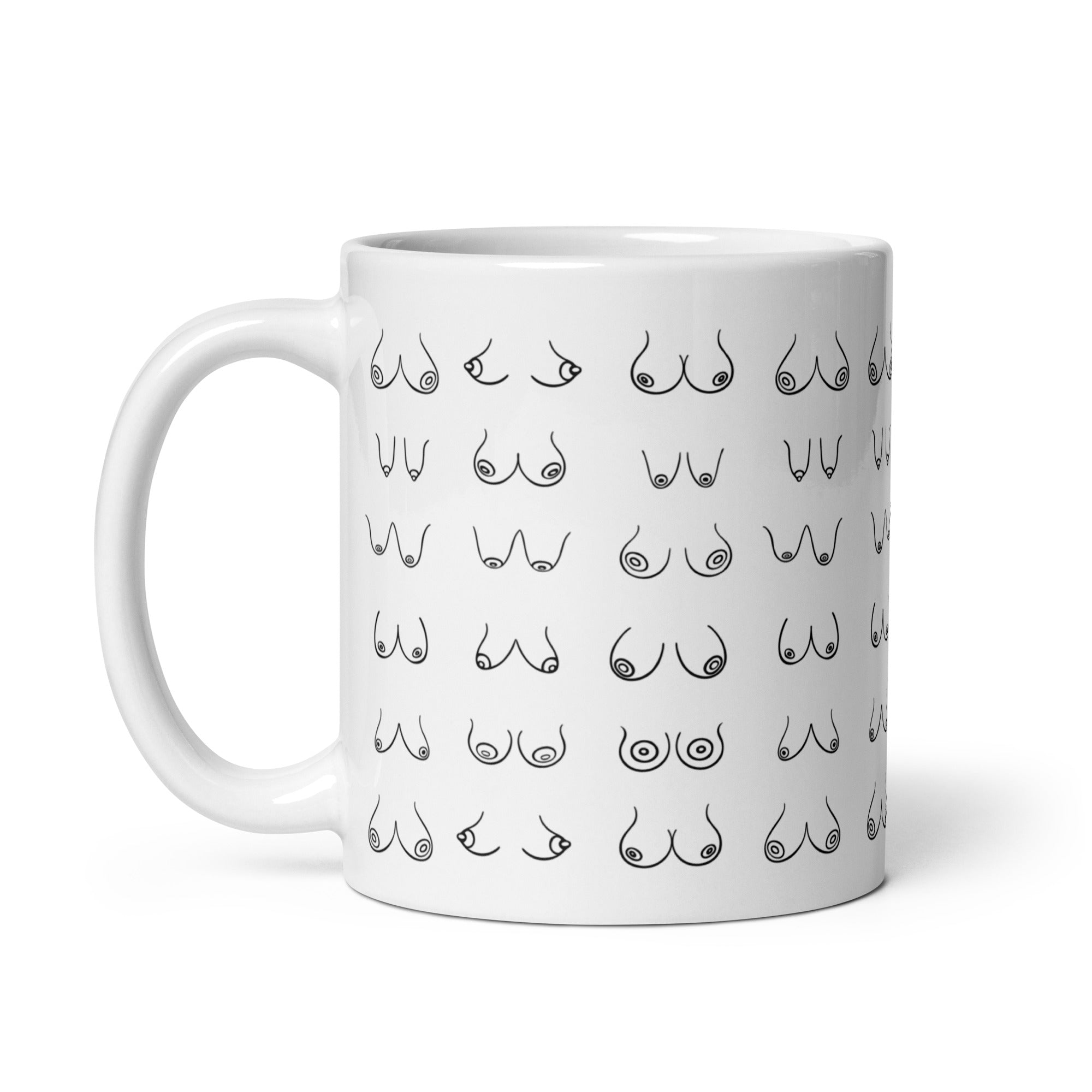 A ceramic mug with a playful design resembling breasts, perfect for coffee or tea.