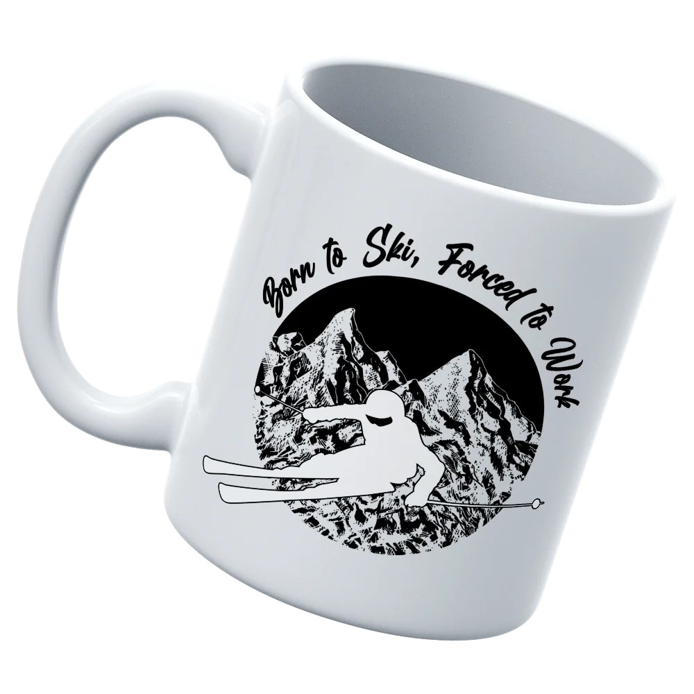 Born To Ski Forced To Work 11oz Mug featuring a vibrant UV printed design, perfect for coffee or tea lovers.