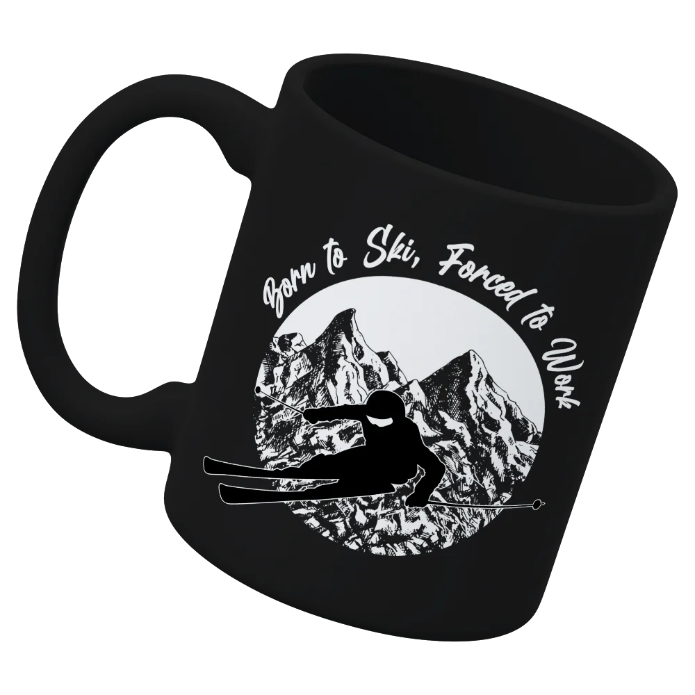 Born To Ski Forced To Work 11oz Mug featuring a vibrant UV printed design, perfect for coffee or tea lovers.