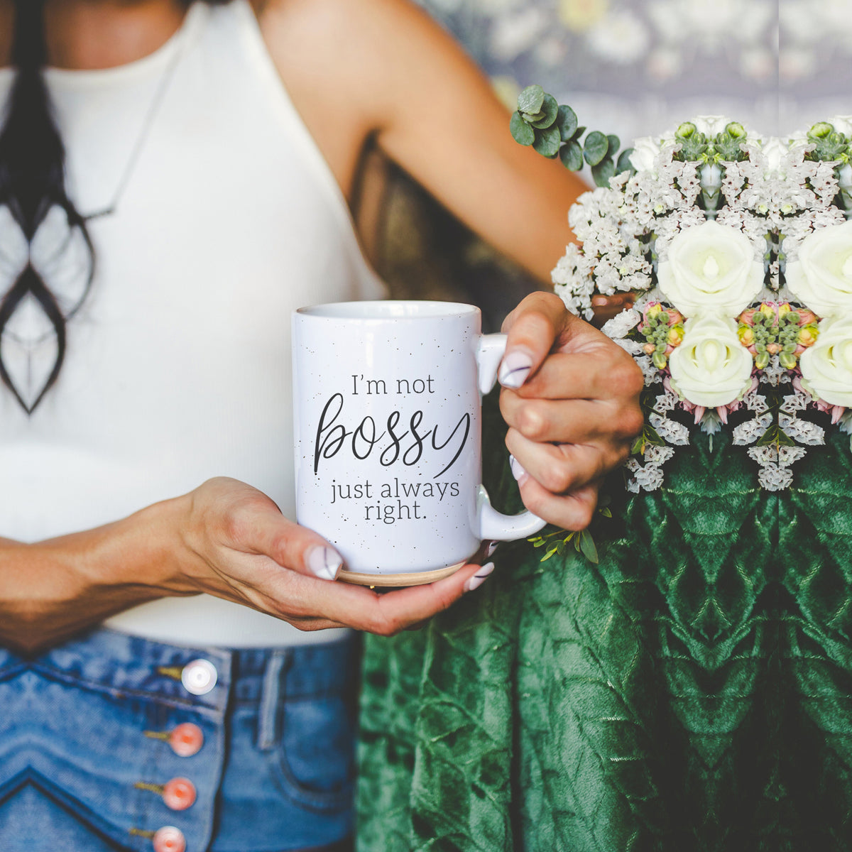 A stylish off-white ceramic coffee mug with dark speckles, featuring the bold text 'I'm Not Bossy, Just Always Right' on both sides.