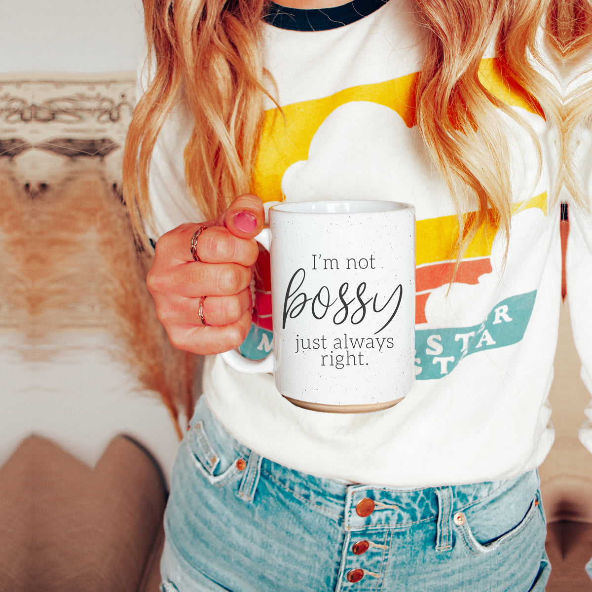 A stylish off-white ceramic coffee mug with dark speckles, featuring the bold text 'I'm Not Bossy, Just Always Right' on both sides.