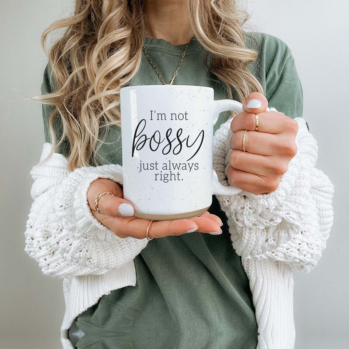 A stylish off-white ceramic coffee mug with dark speckles, featuring the bold text 'I'm Not Bossy, Just Always Right' on both sides.