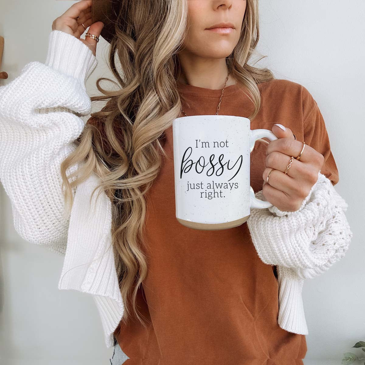 A stylish off-white ceramic coffee mug with dark speckles, featuring the bold text 'I'm Not Bossy, Just Always Right' on both sides.