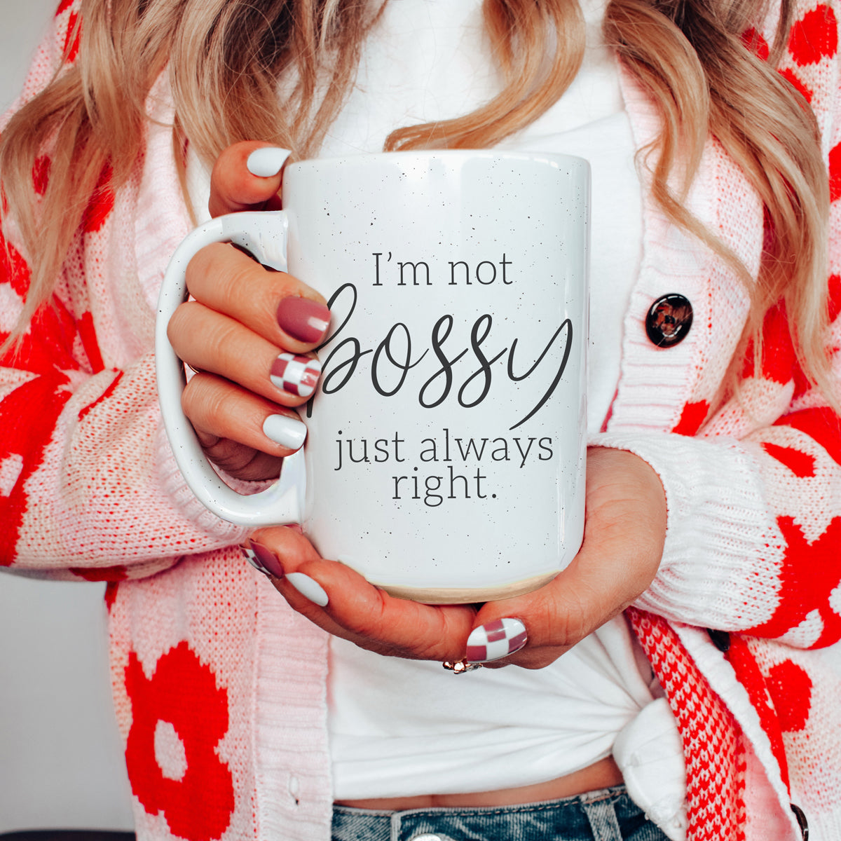 A stylish off-white ceramic coffee mug with dark speckles, featuring the bold text 'I'm Not Bossy, Just Always Right' on both sides.