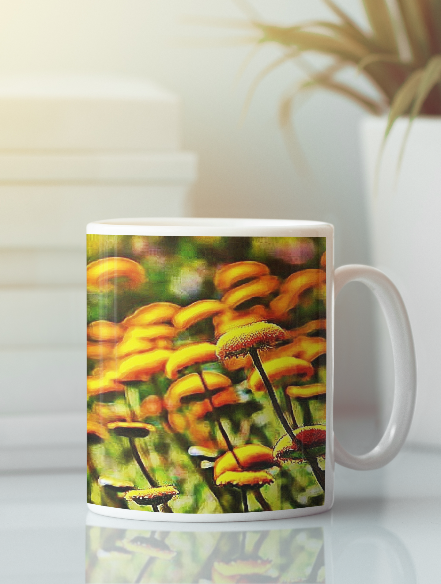 Button Flowers Abstract Pop Art Coffee Mug featuring colorful button flower design on both sides.