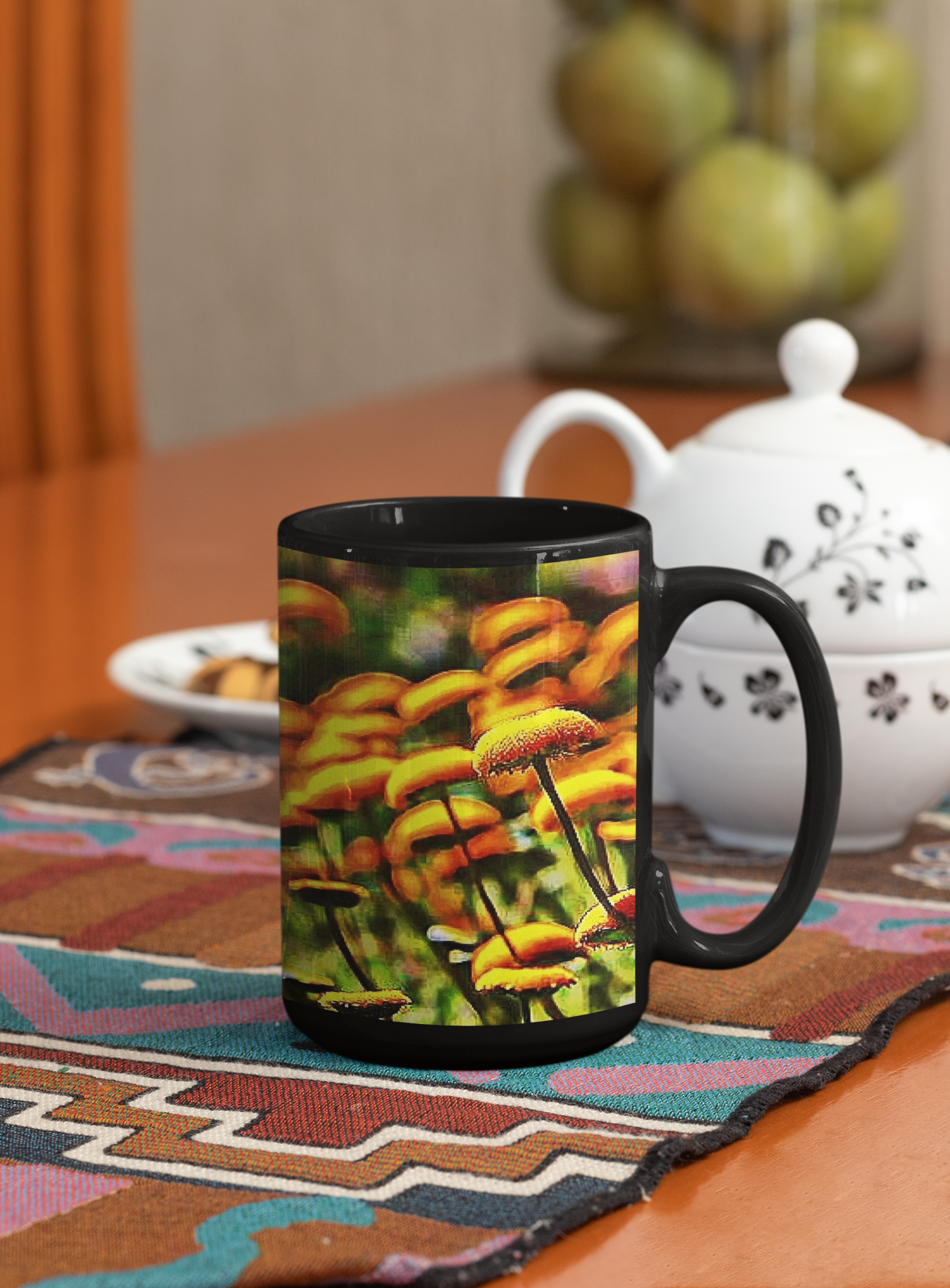 Button Flowers Abstract Pop Art Coffee Mug featuring colorful button flower design on both sides.