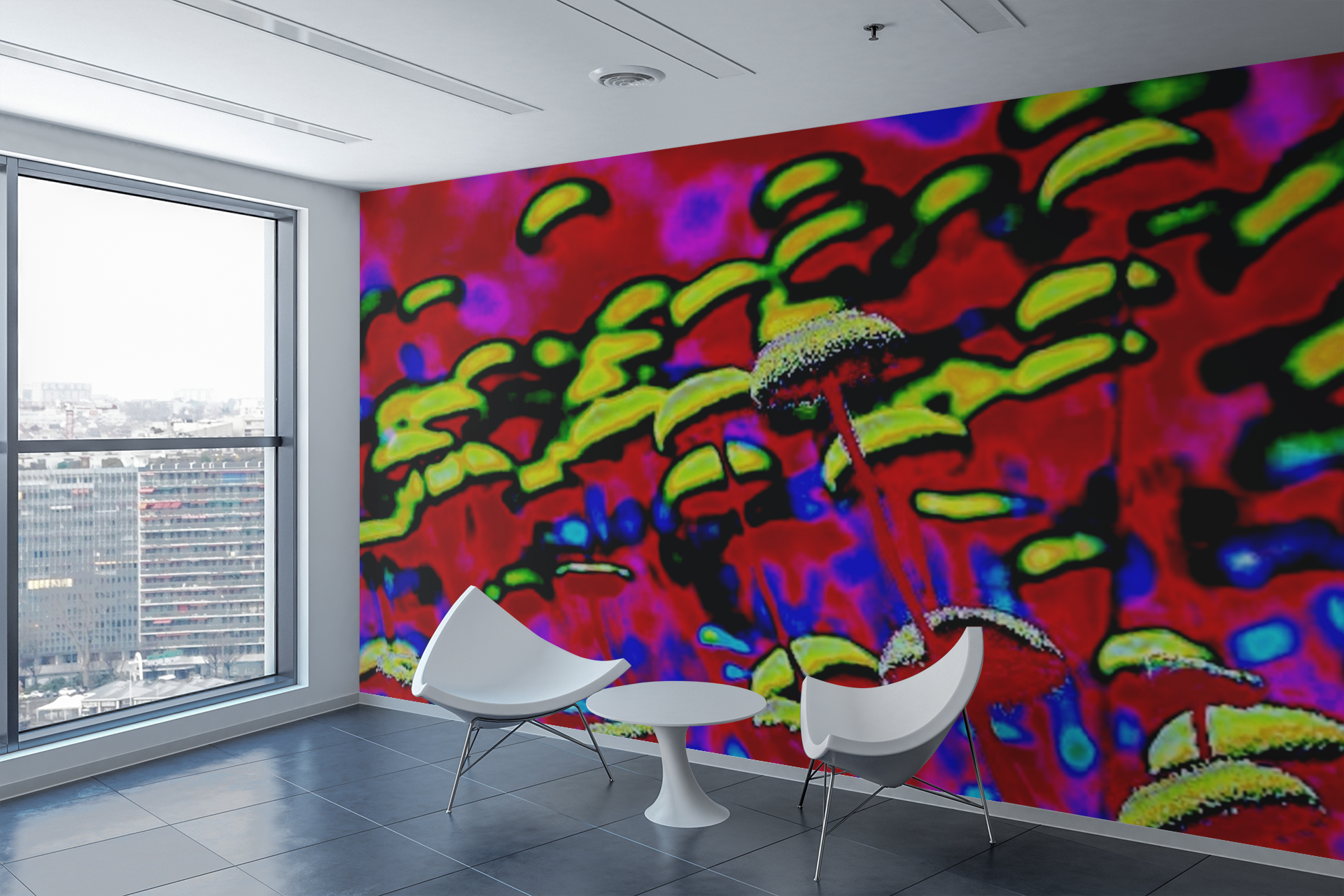 A vibrant pop art canvas print featuring abstract button flowers in a modern design, perfect for contemporary decor.