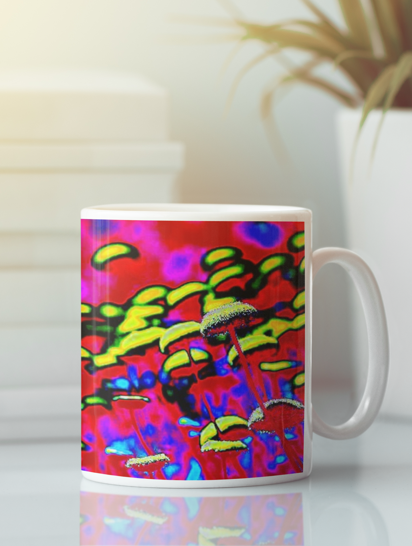 A vibrant ceramic coffee mug featuring a colorful pop art design of button flowers, available in white and black.