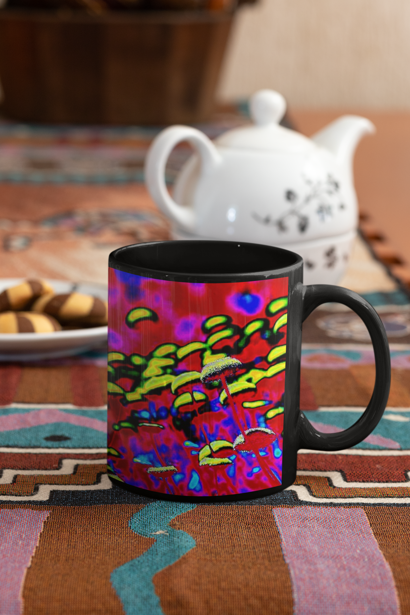 A vibrant ceramic coffee mug featuring a colorful pop art design of button flowers, available in white and black.