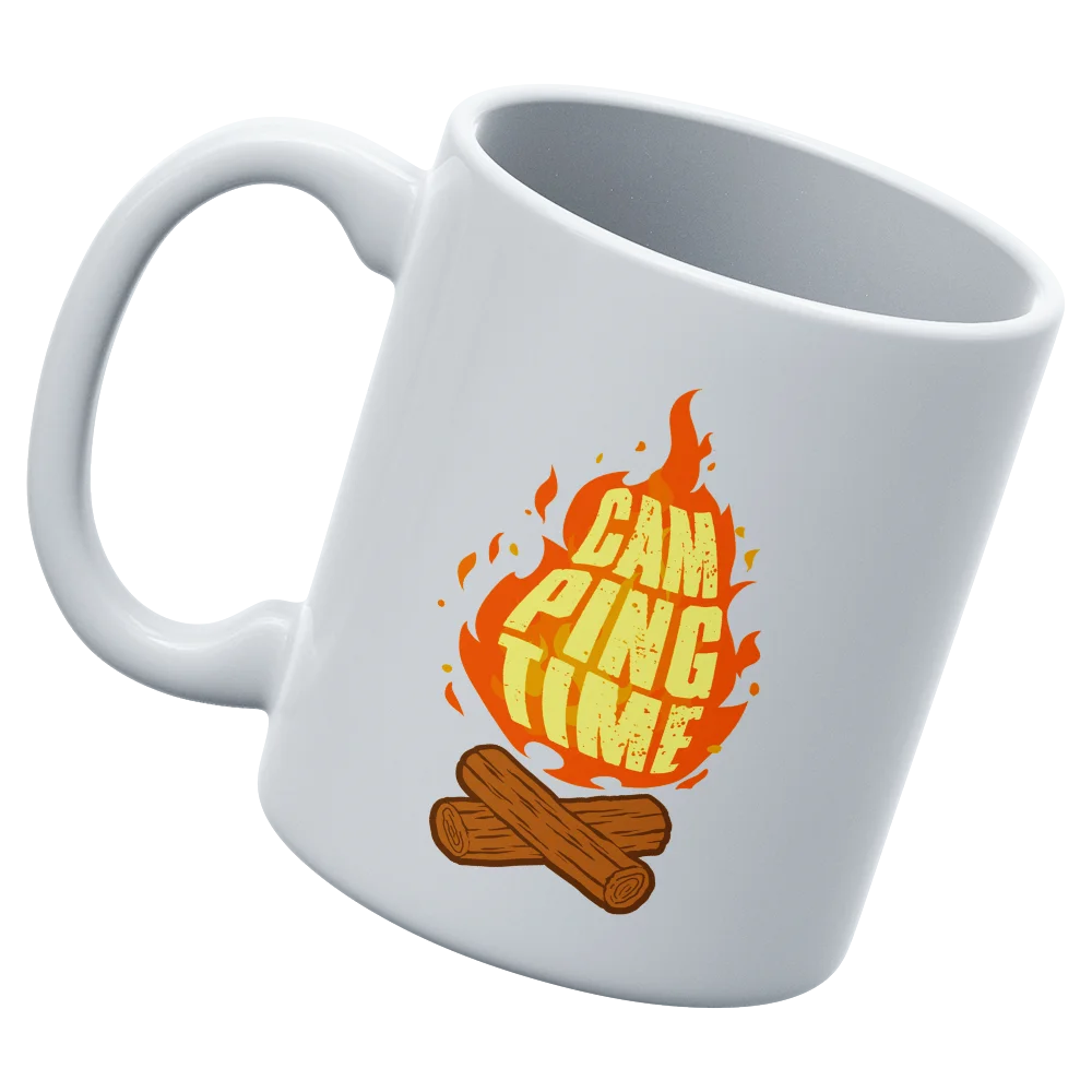 Camp Fire 11oz Mug with UV printed design, showcasing its sturdy ceramic build and glazed finish.