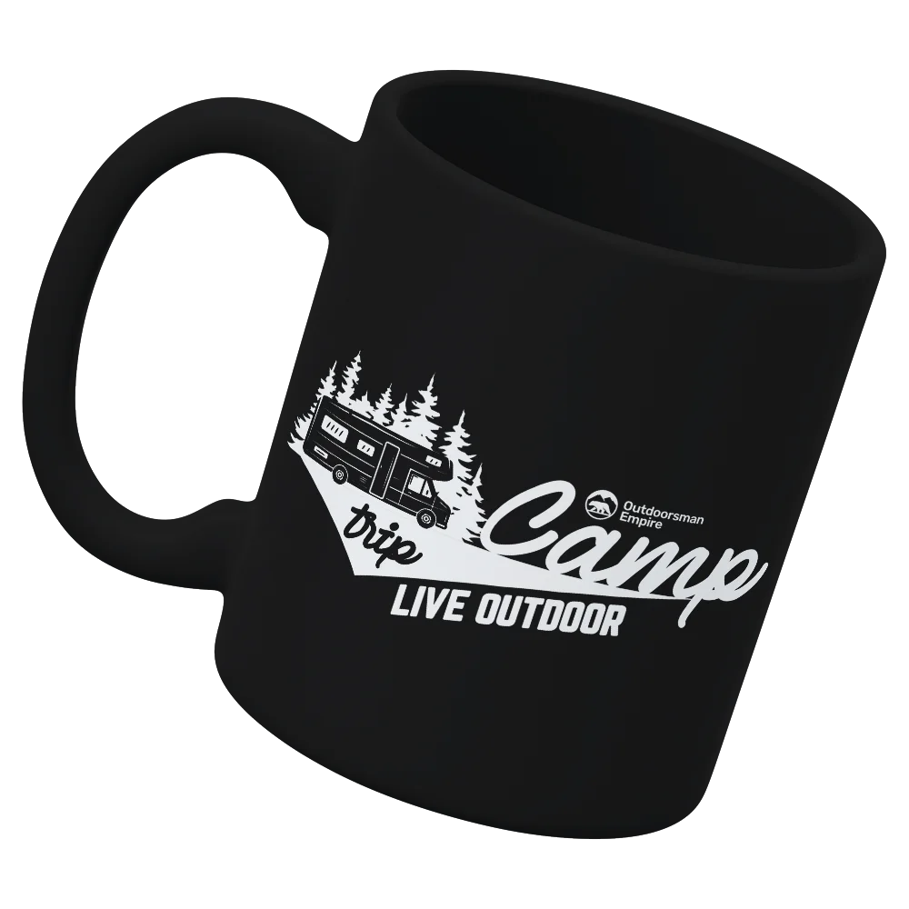 Camp Trip 11oz Mug with UV printed design, showcasing its sturdy ceramic build and glazed finish, perfect for outdoor use.