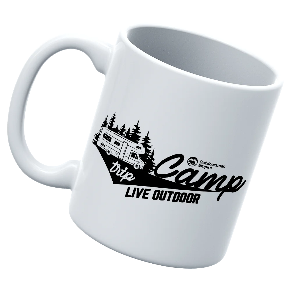 Camp Trip 11oz Mug with UV printed design, showcasing its sturdy ceramic build and glazed finish, perfect for outdoor use.