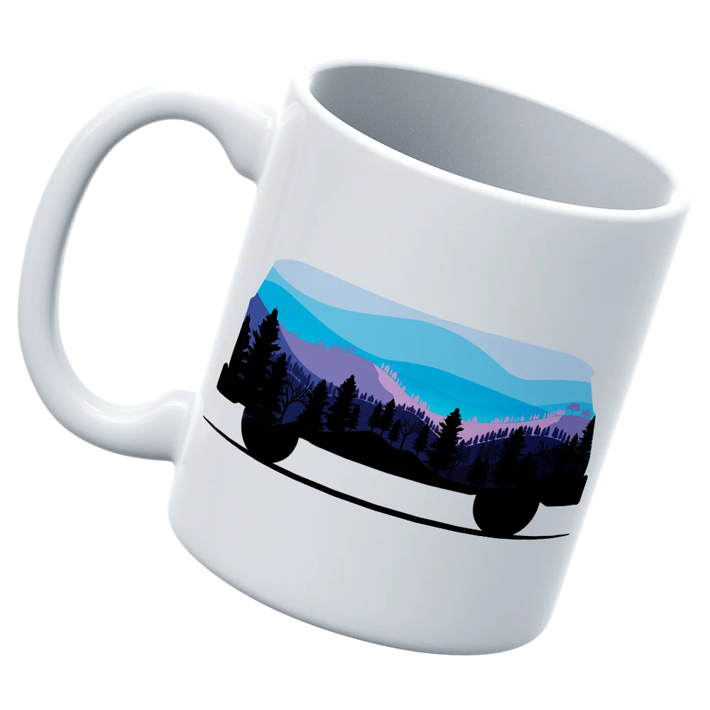 Camper 11oz Mug with UV printed design, showcasing its sturdy ceramic build and glazed finish.