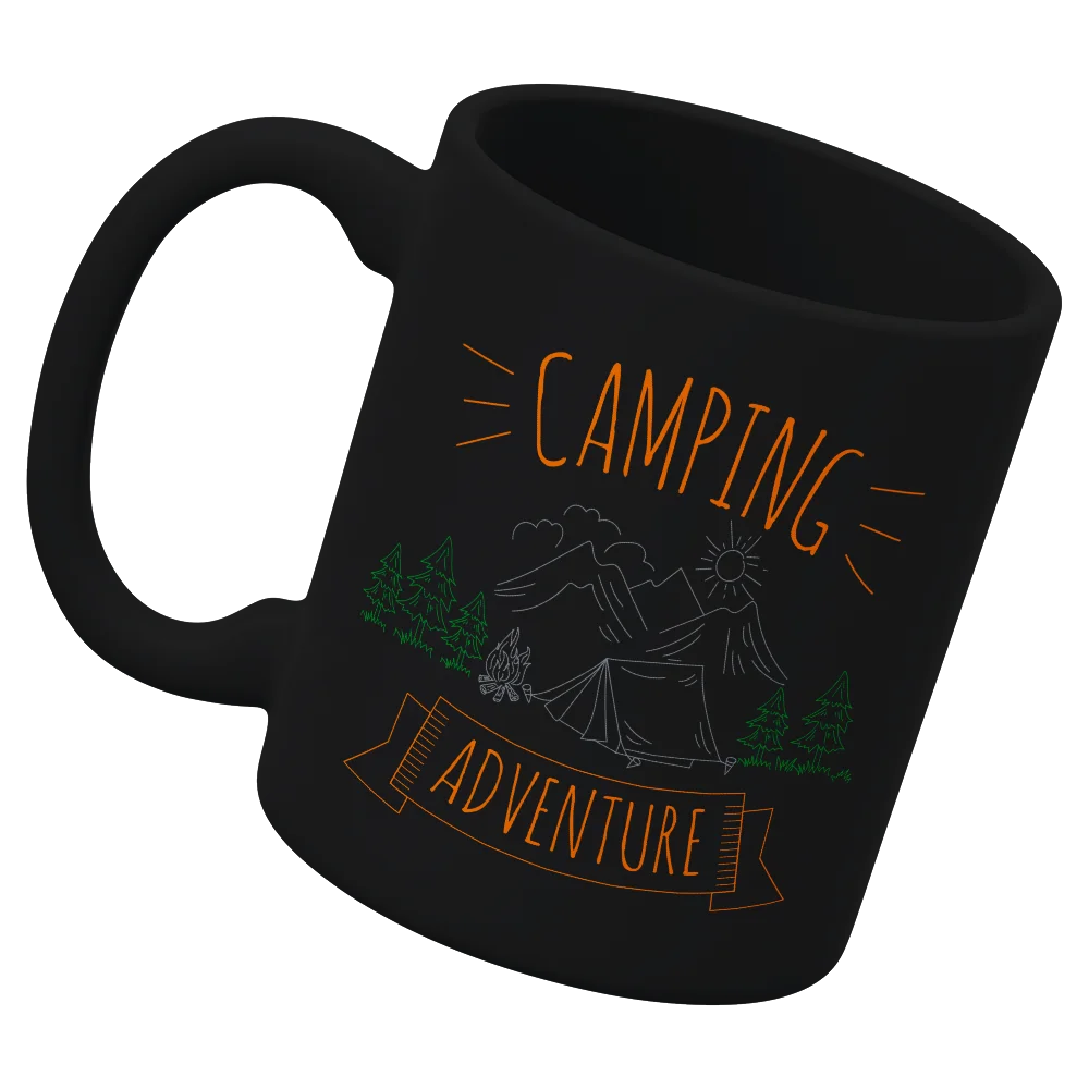 Camping Adventure 11oz Mug with UV printed design, showcasing its sturdy ceramic build and glazed finish.