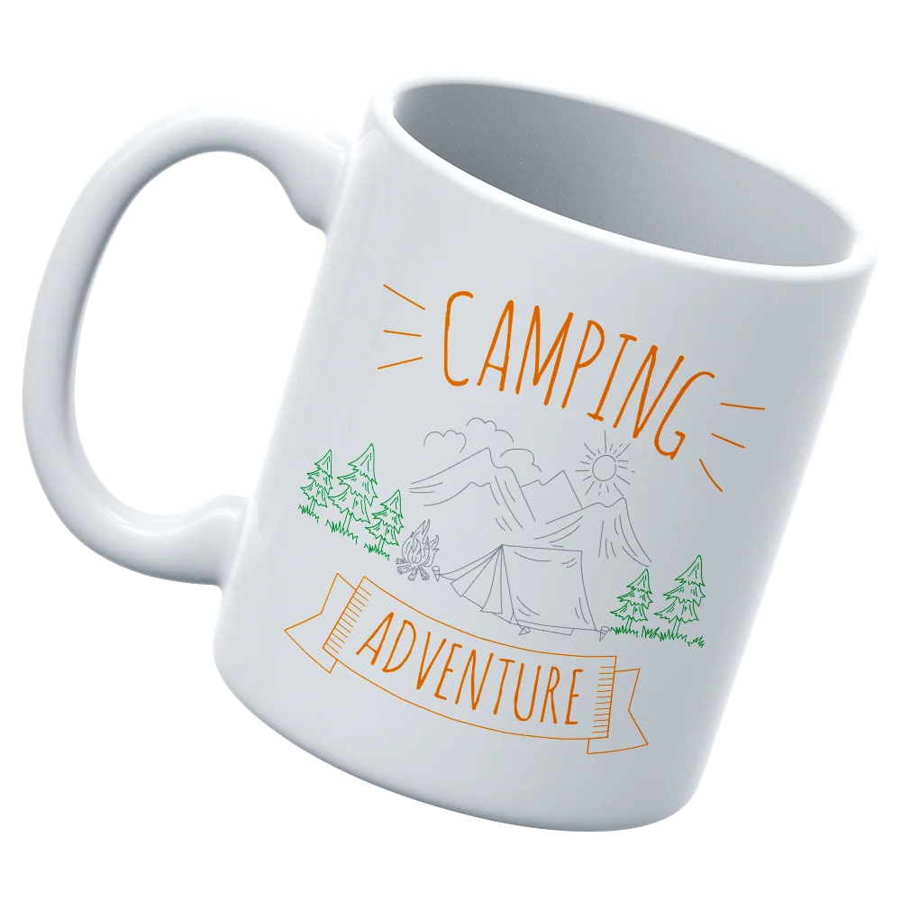 Camping Adventure 11oz Mug with UV printed design, showcasing its sturdy ceramic build and glazed finish.