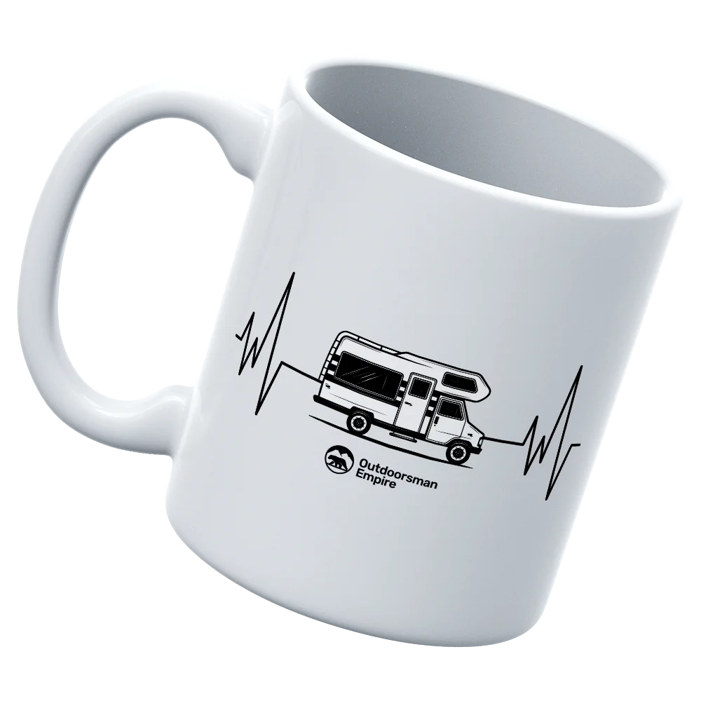 Camping Cardiogram 11oz Mug with UV printed design, showcasing its sturdy ceramic build and glazed finish.