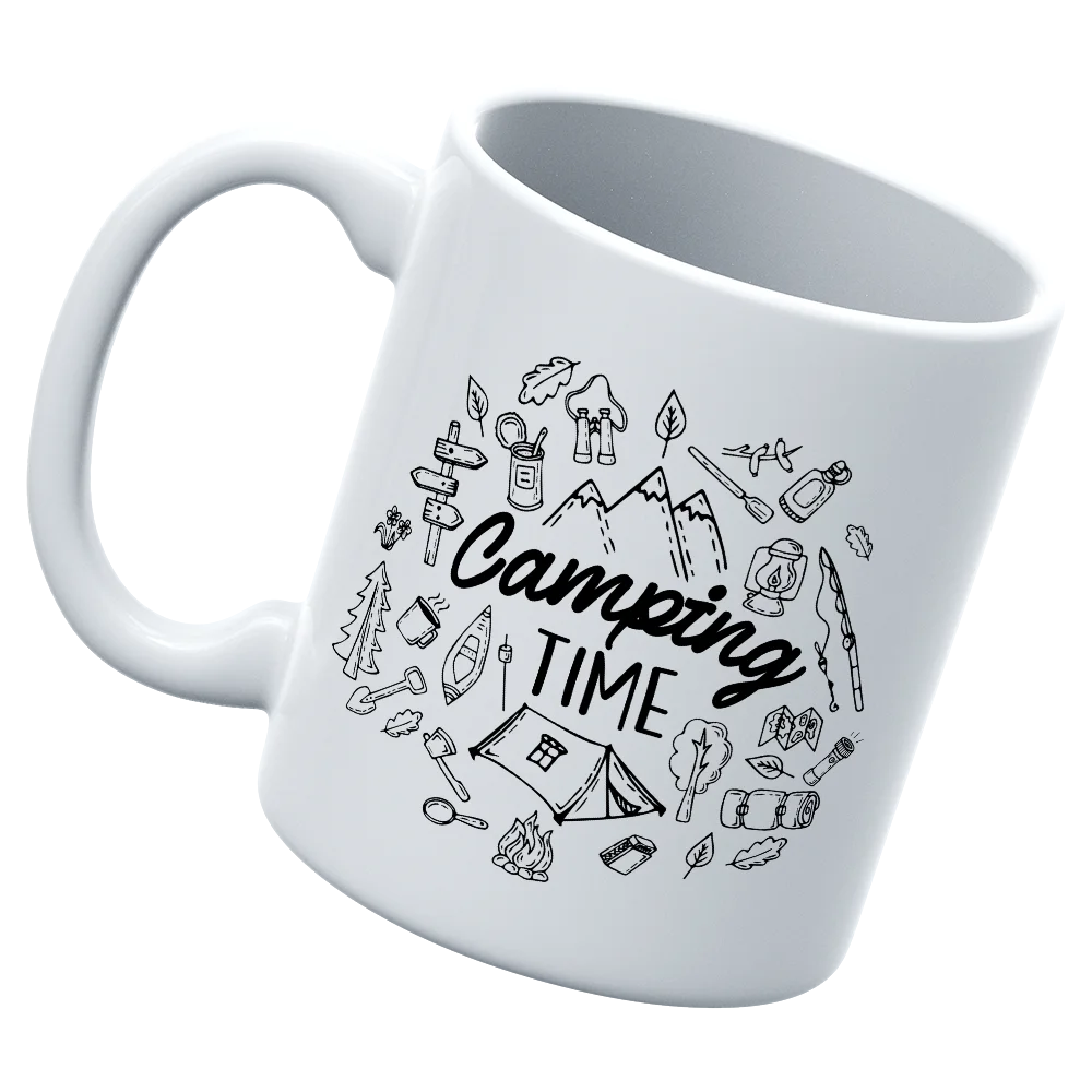 Camping Elements 11oz Mug with UV printed design, showcasing its sturdy ceramic build and glazed finish.