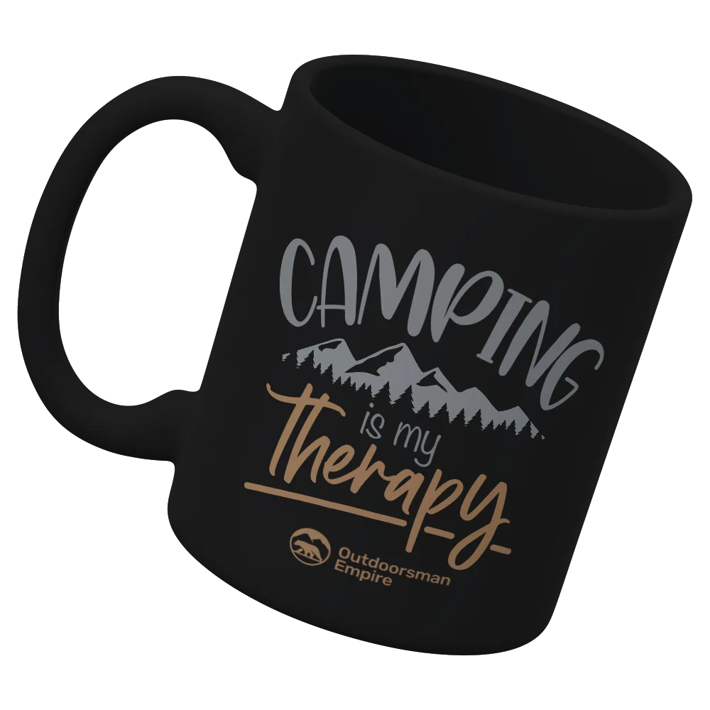 Camping Is My Therapy 11oz Mug with UV printed design, showcasing a durable ceramic construction, perfect for outdoor use.