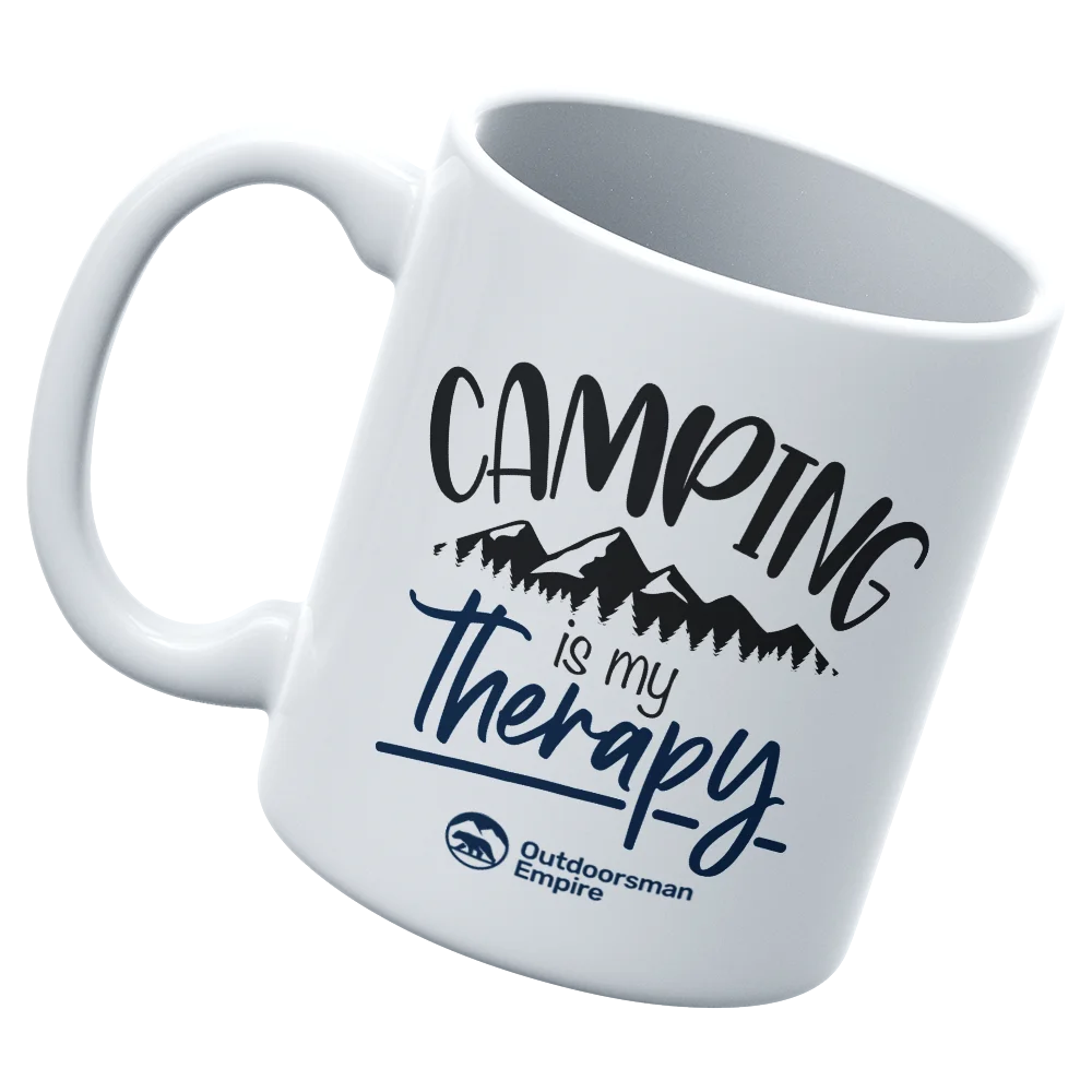 Camping Is My Therapy 11oz Mug with UV printed design, showcasing a durable ceramic construction, perfect for outdoor use.