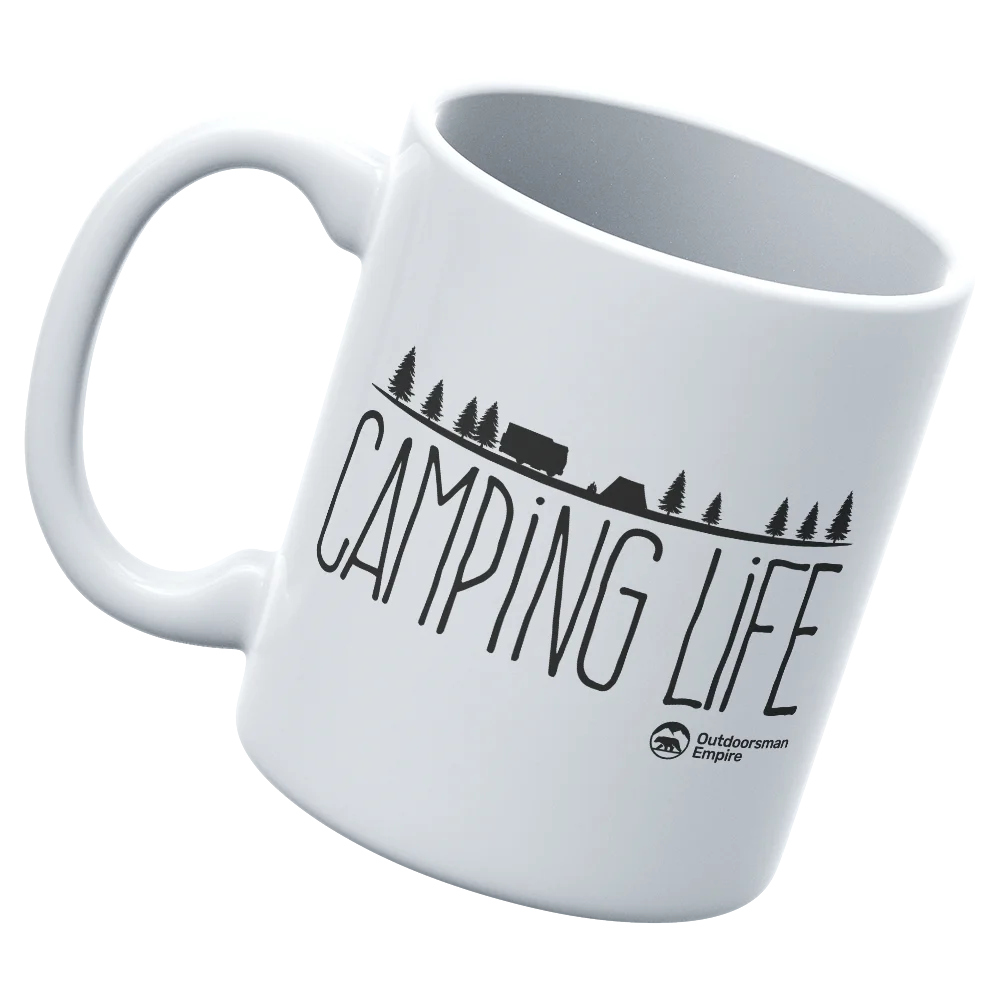 Camping Life 11oz Mug with UV printed design, showcasing its sturdy ceramic build and glazed finish.